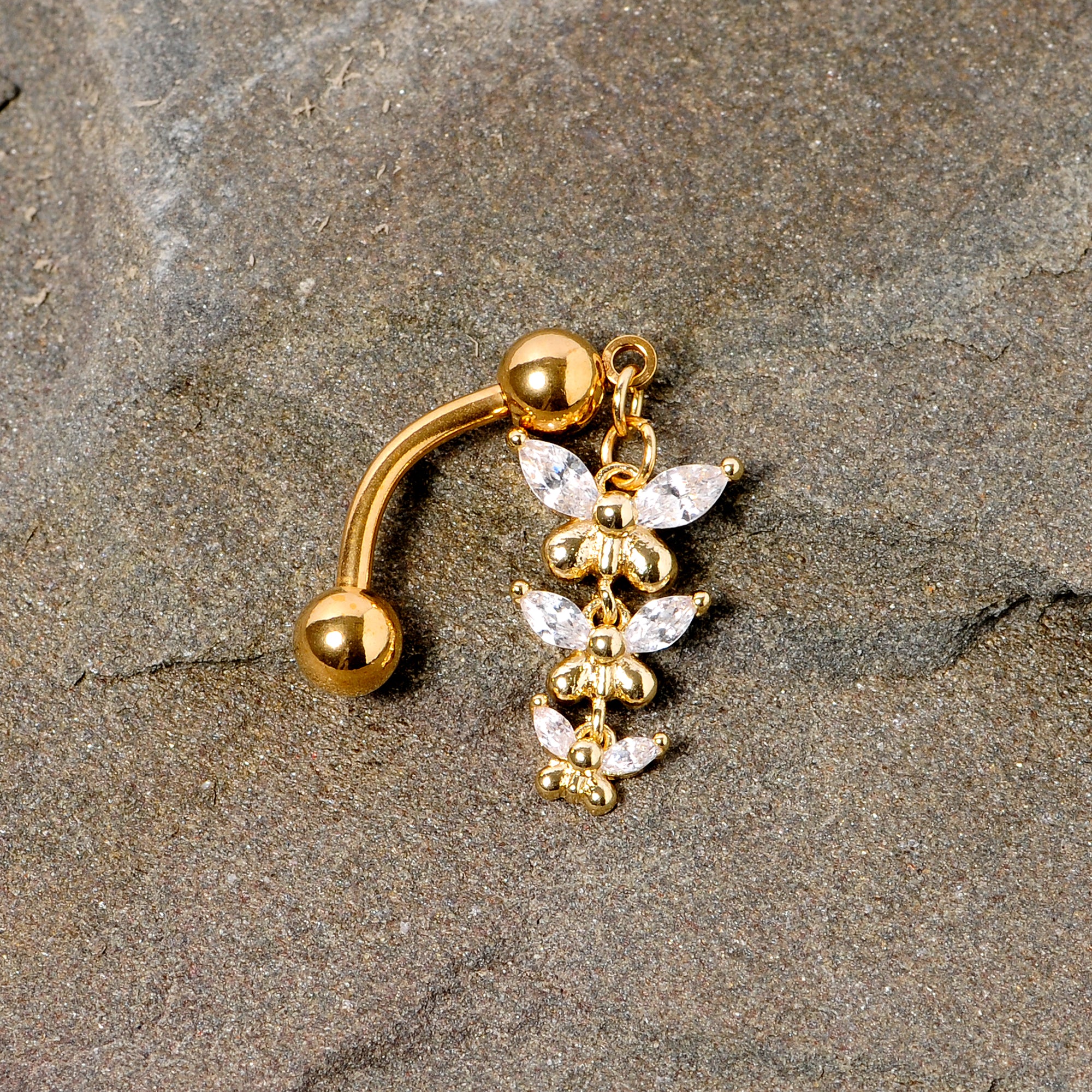 Clear Gem Gold Tone Band of Butterflies Top Mount Dangle Belly Ring - Image 6