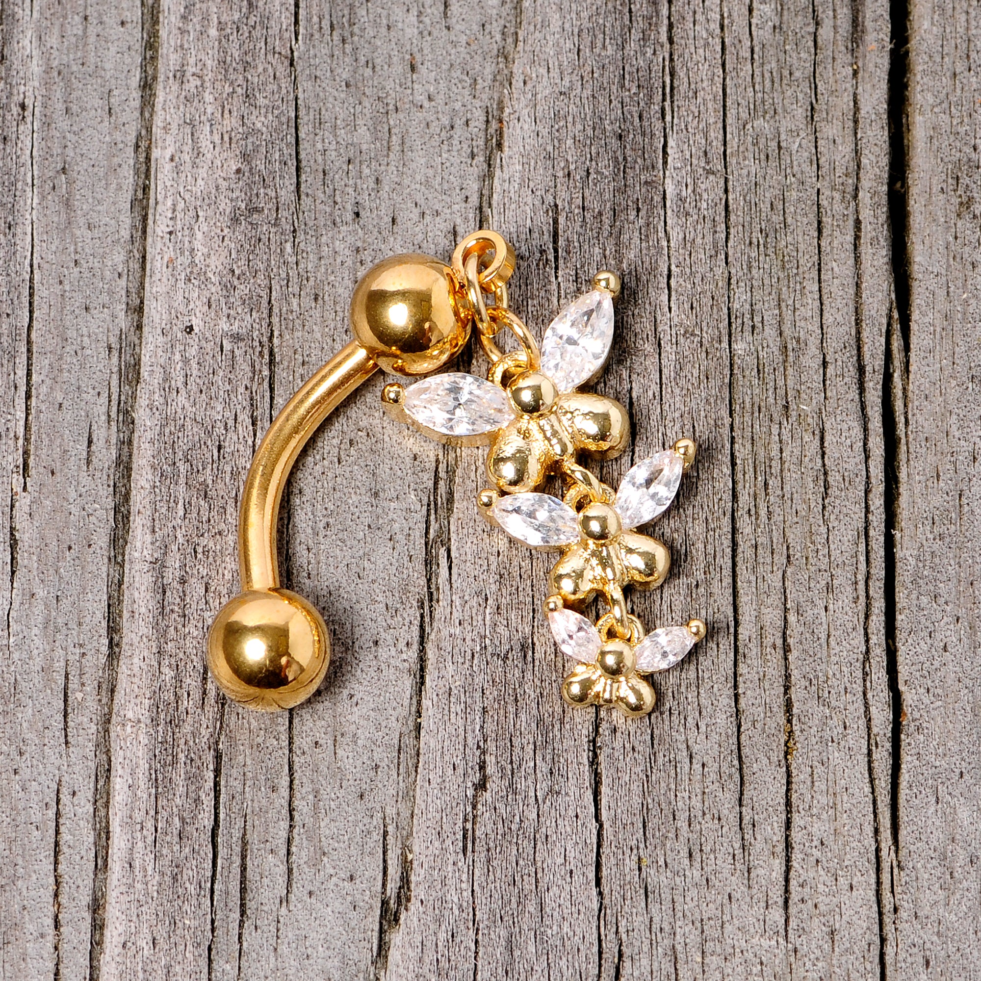 Clear Gem Gold Tone Band of Butterflies Top Mount Dangle Belly Ring - Image 7