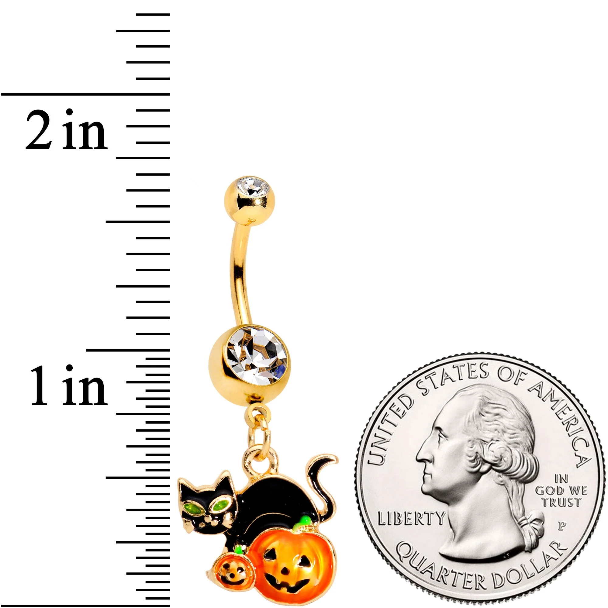 Clear Gem Gold Tone Black Cat Jack O Lantern Dangle Belly Ring - Image 2