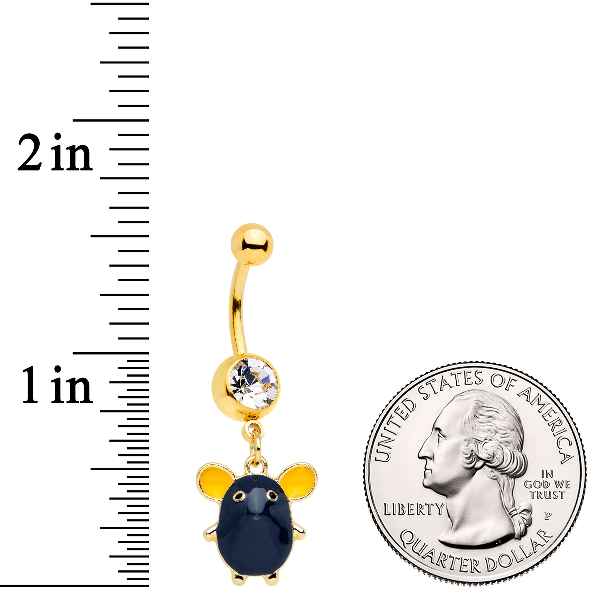 Clear Gem Gold Tone Black Mouse Dangle Belly Ring - Image 3