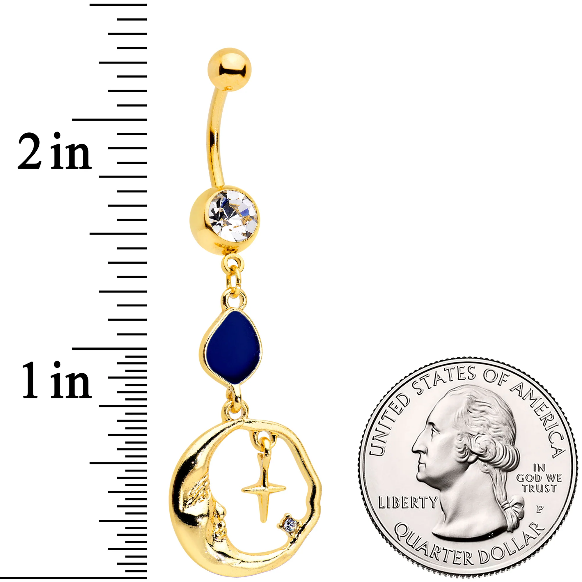 Clear Gem Gold Tone Blue Drop Moon Dangle Belly Ring - Image 2