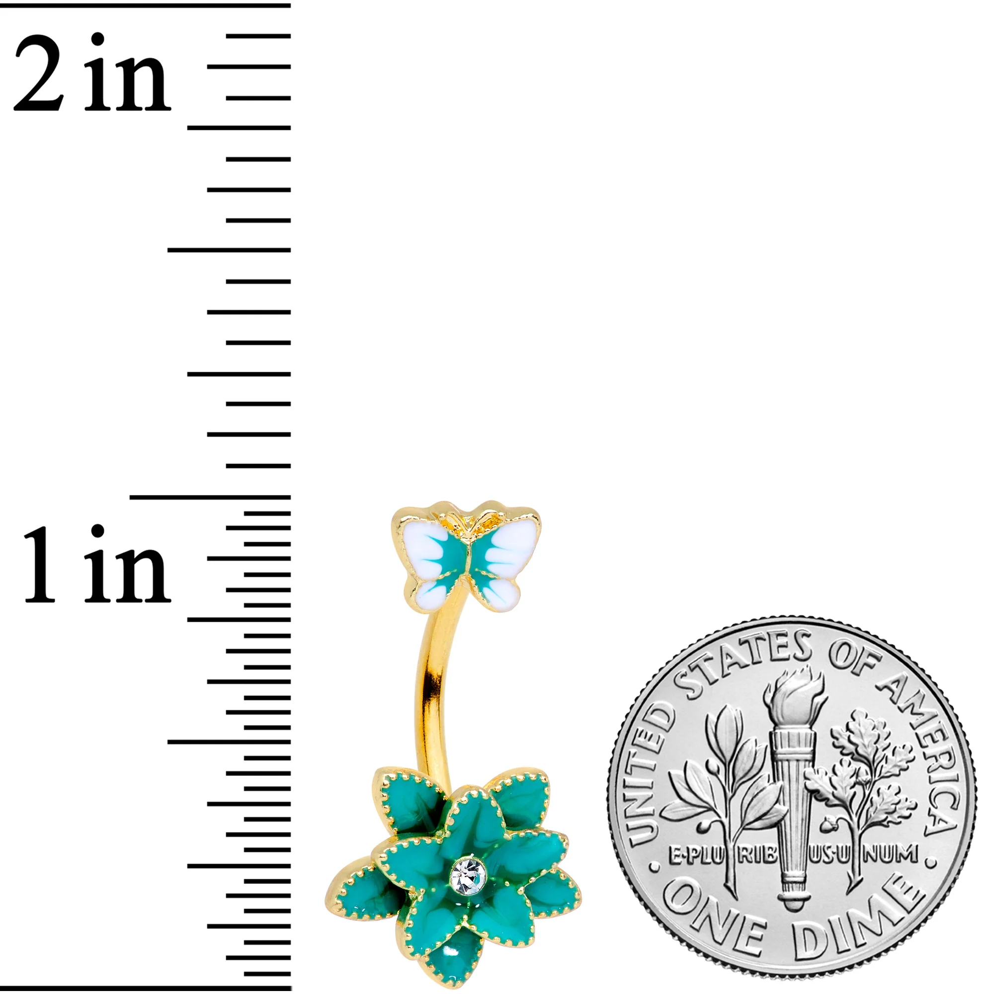 Clear Gem Gold Tone Blue Flower Butterfly Double Mount Belly Ring - Image 2