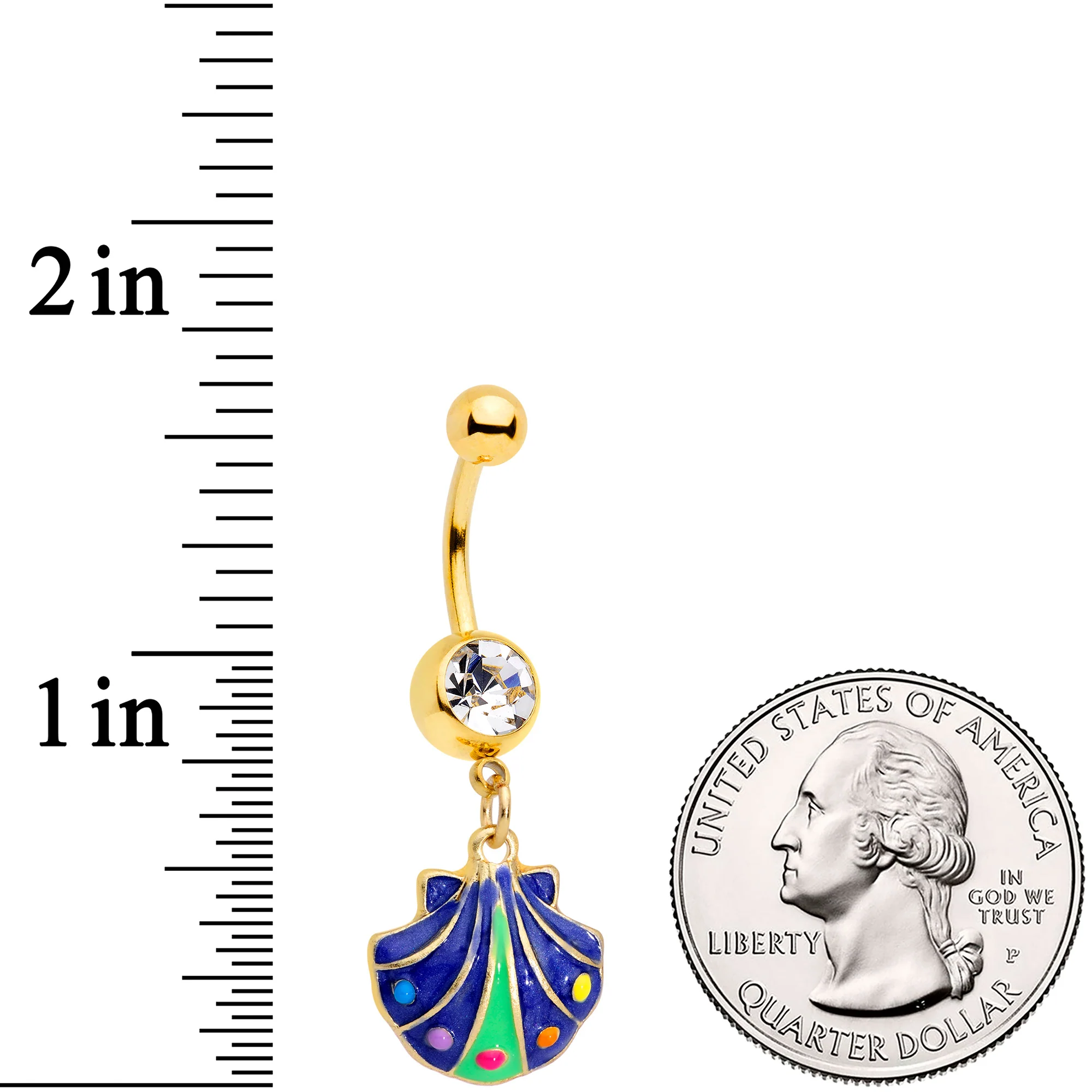 Clear Gem Gold Tone Blue Shell Dangle Belly Ring - Image 3