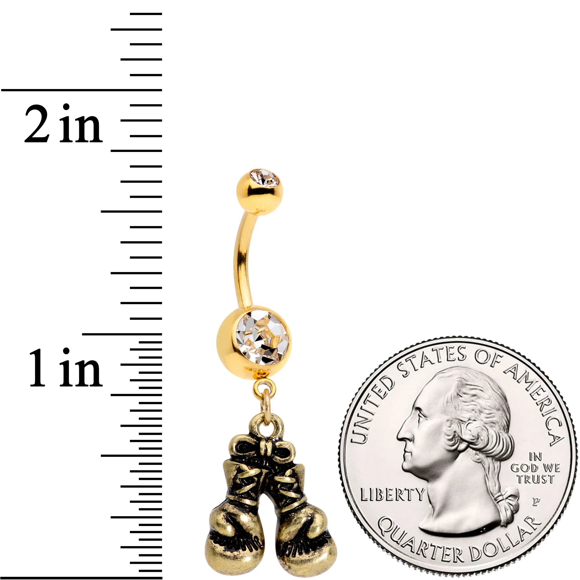 Clear Gem Gold Tone Boxing Gloves Dangle Belly Ring - Image 2