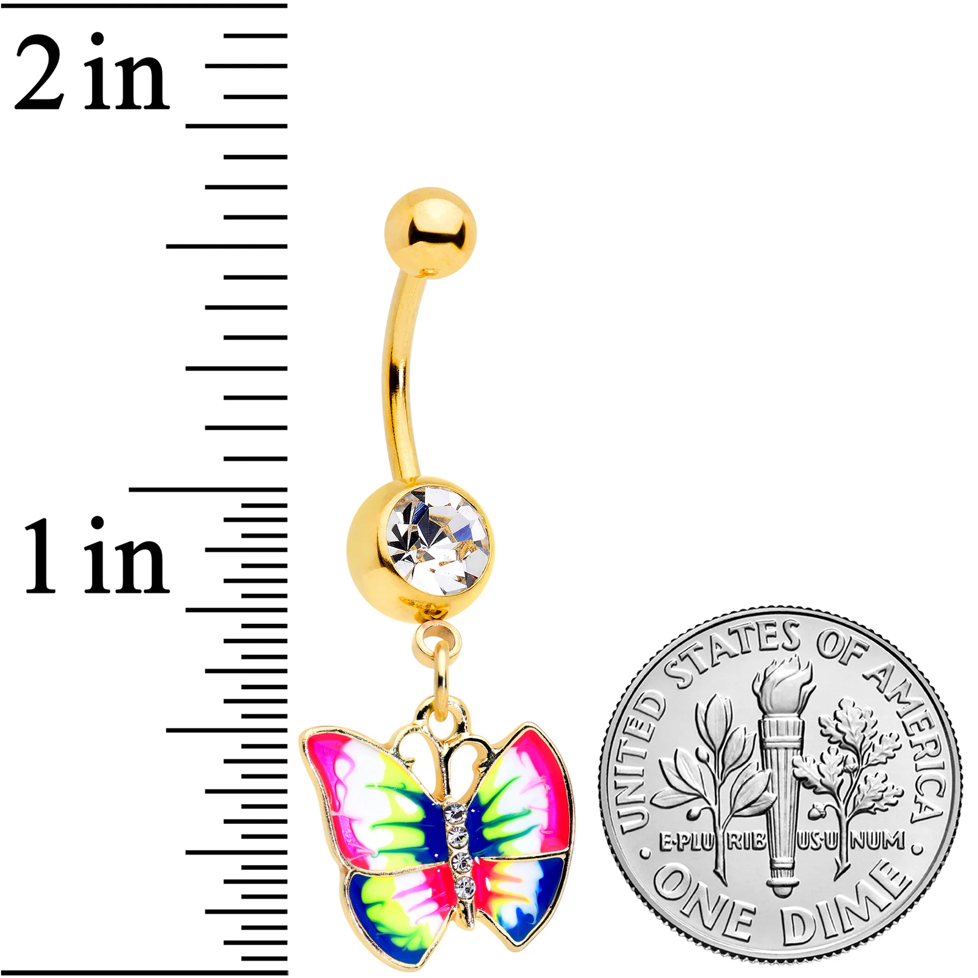 Clear Gem Gold Tone Bright Rainbow Butterfly Dangle Belly Ring - Image 2