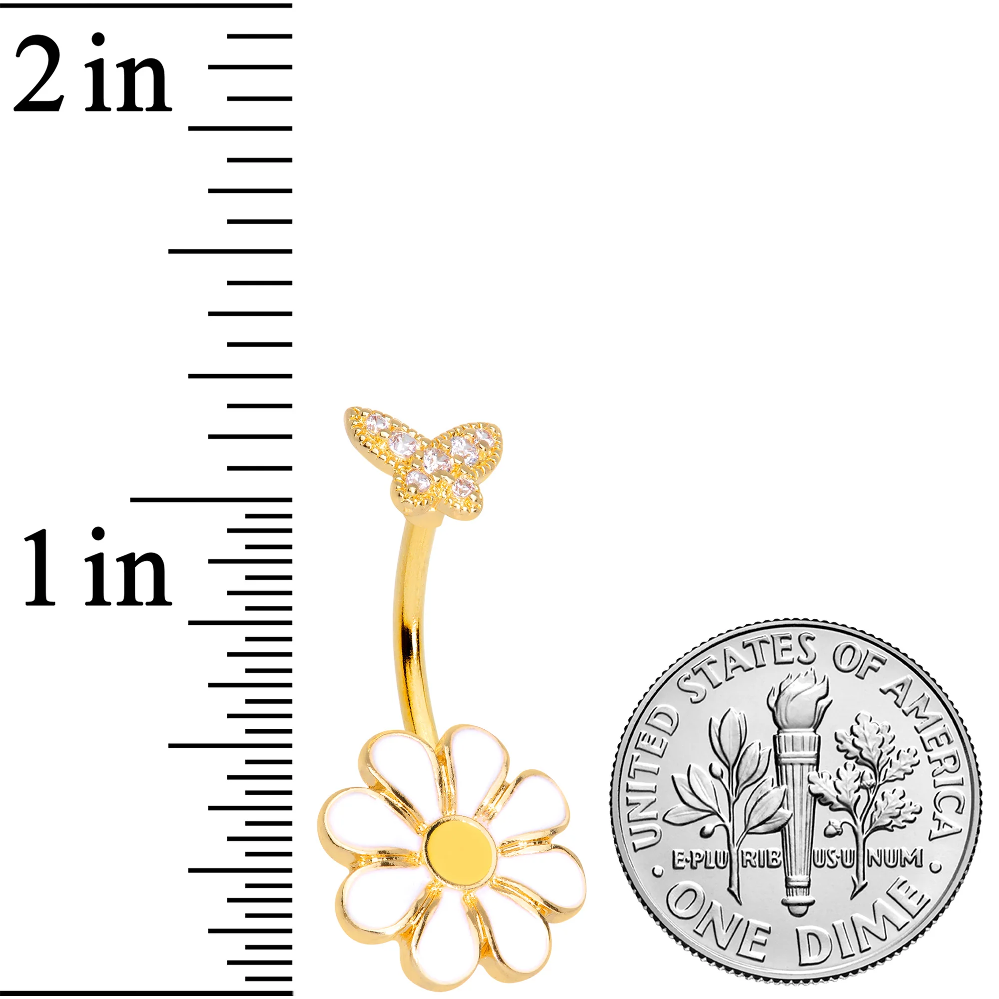 Clear Gem Gold Tone Butterfly Daisy Flower Belly Ring - Image 2