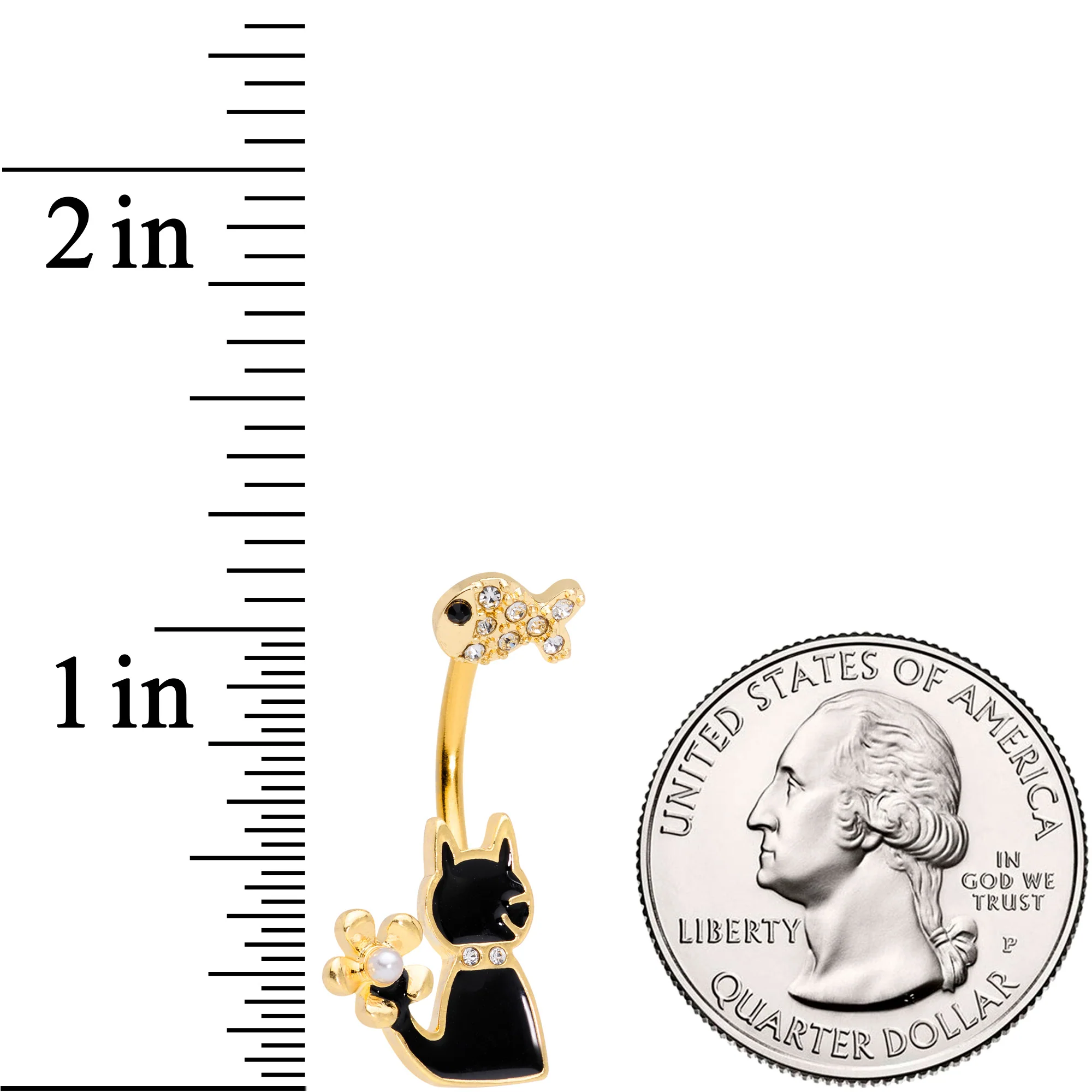 Clear Gem Gold Tone Cat Fishing Black Cat Double Mount Belly Ring - Image 2
