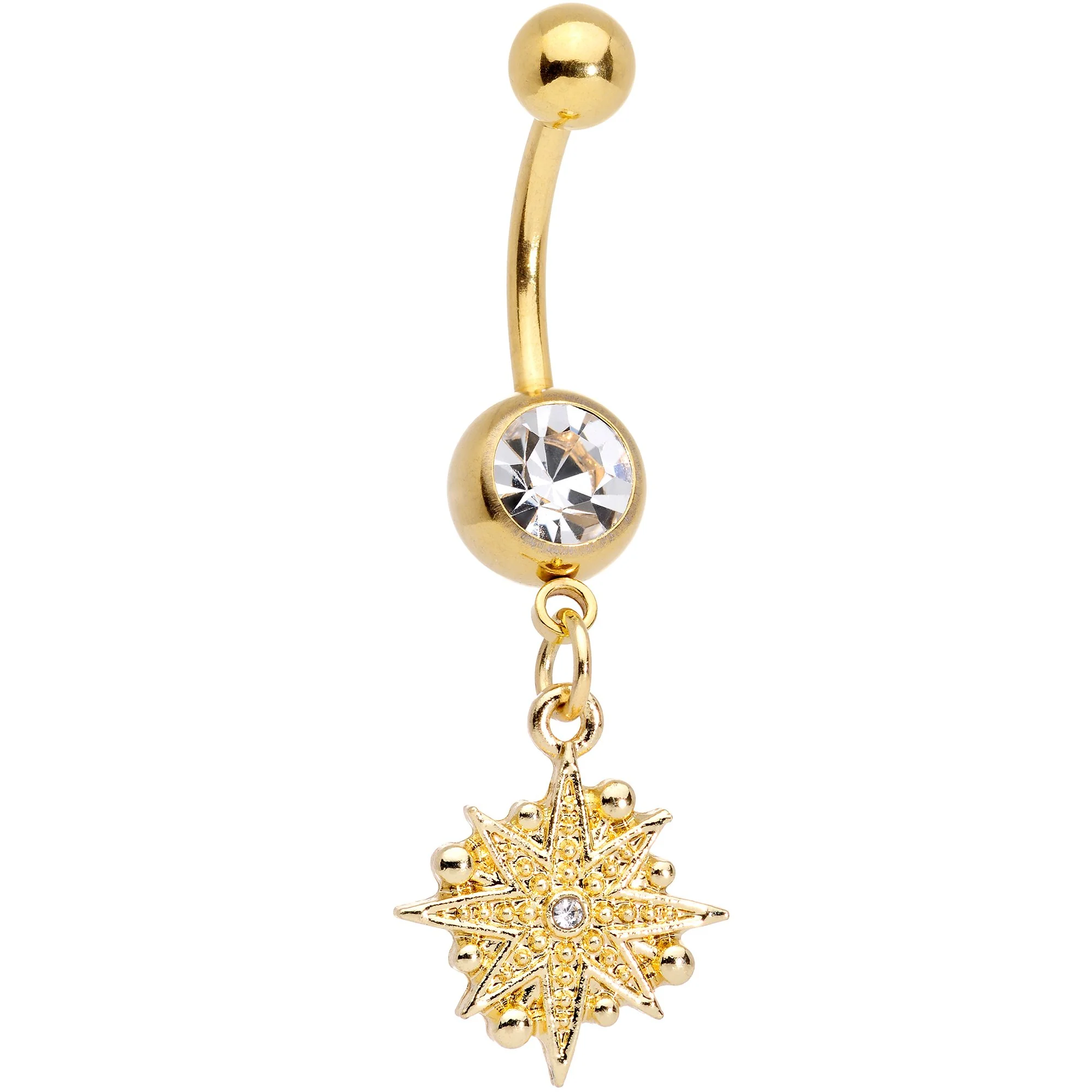 Clear Gem Gold Tone Celestial Star Moon Dangle Belly Ring Set - Image 2