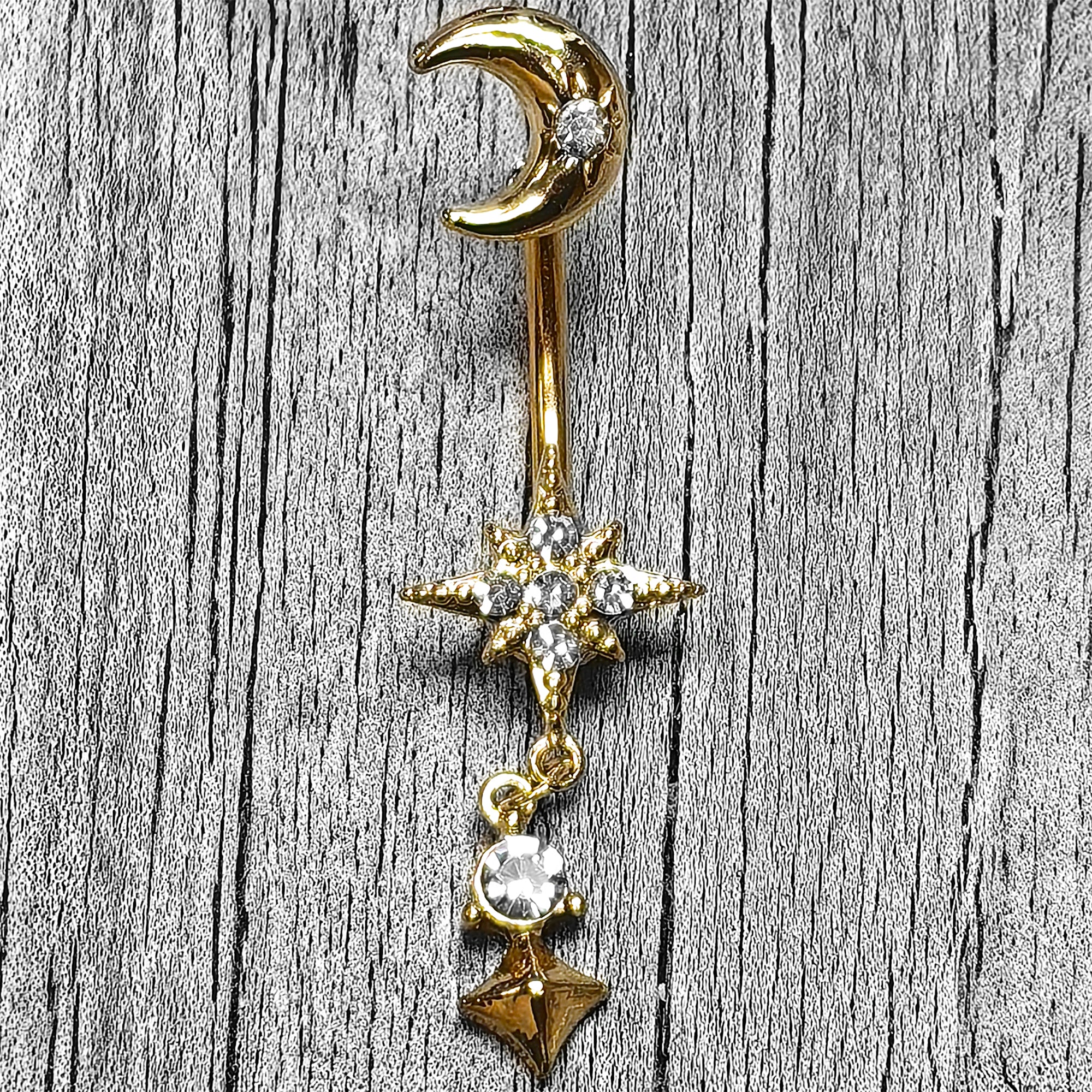 Clear Gem Gold Tone Celestial Glam Dangle Double Mount Belly Ring - Image 2