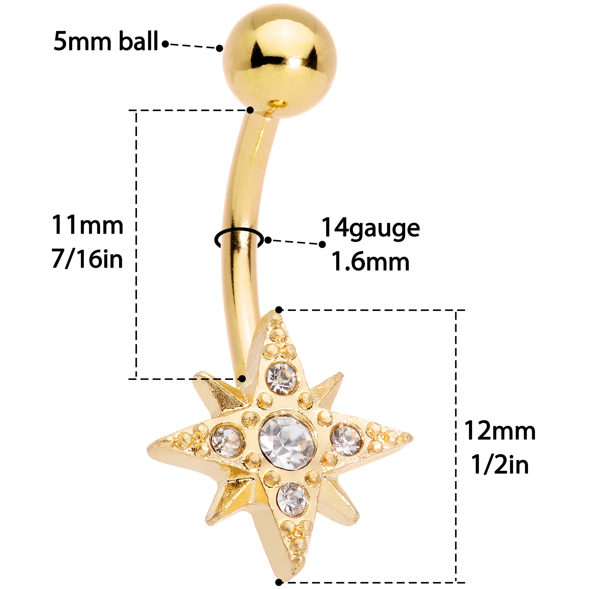 Clear Gem Gold Tone Celestial Moon Star Belly Ring Set of 3 - Image 6