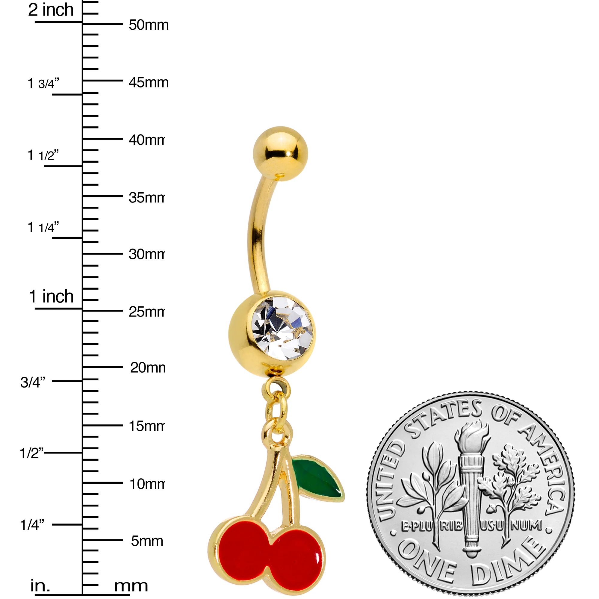Clear Gem Gold Tone Charming Cherries Dangle Belly Ring - Image 2