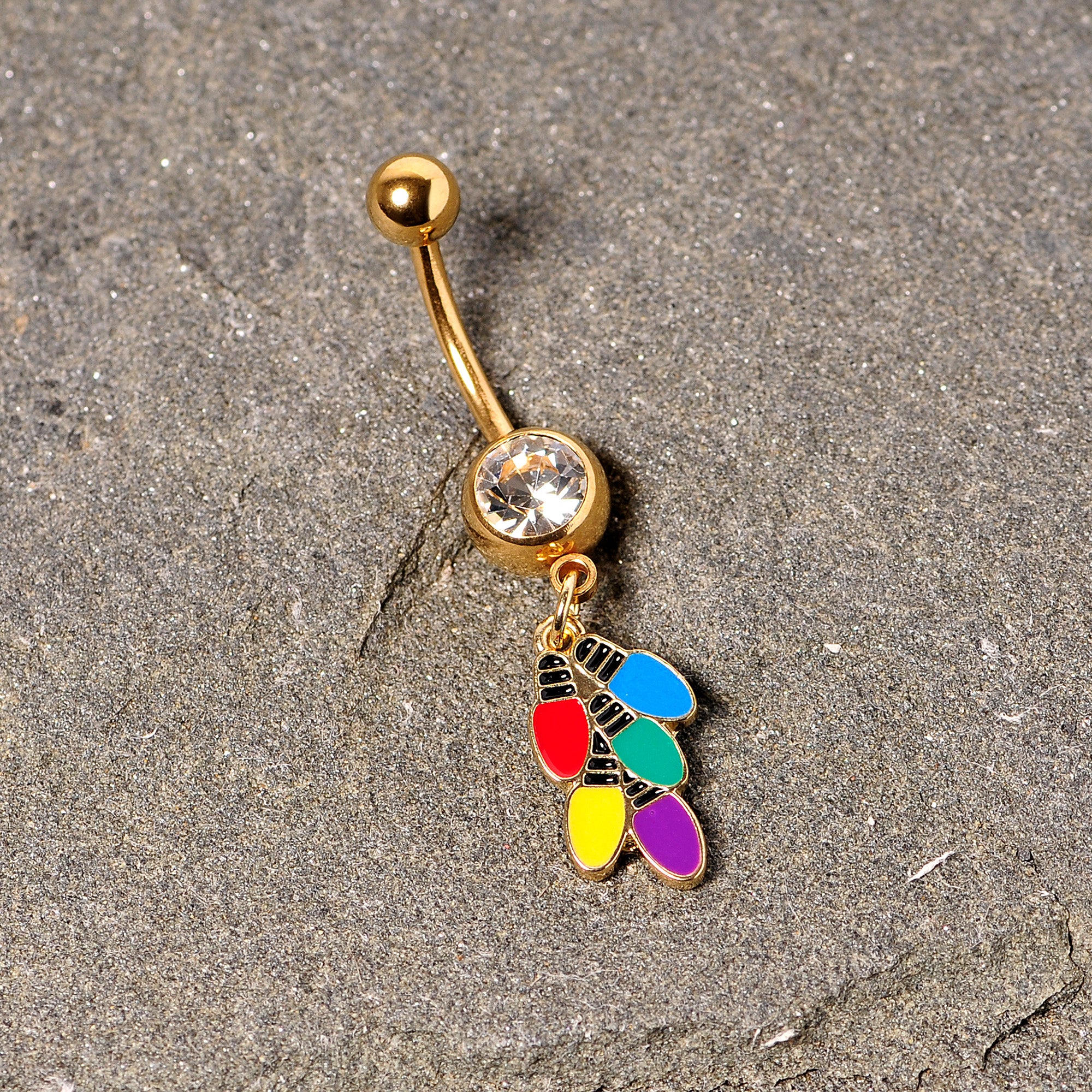 Clear Gem Gold Tone Christmas Lights Holiday Dangle Belly Ring - Image 2