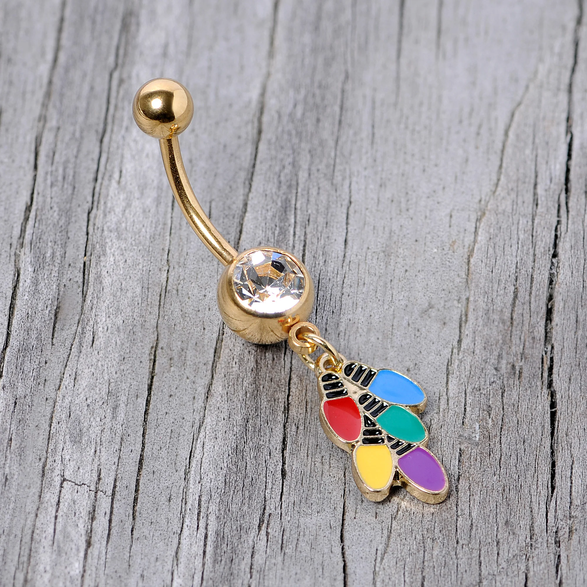 Clear Gem Gold Tone Christmas Lights Holiday Dangle Belly Ring - Image 3