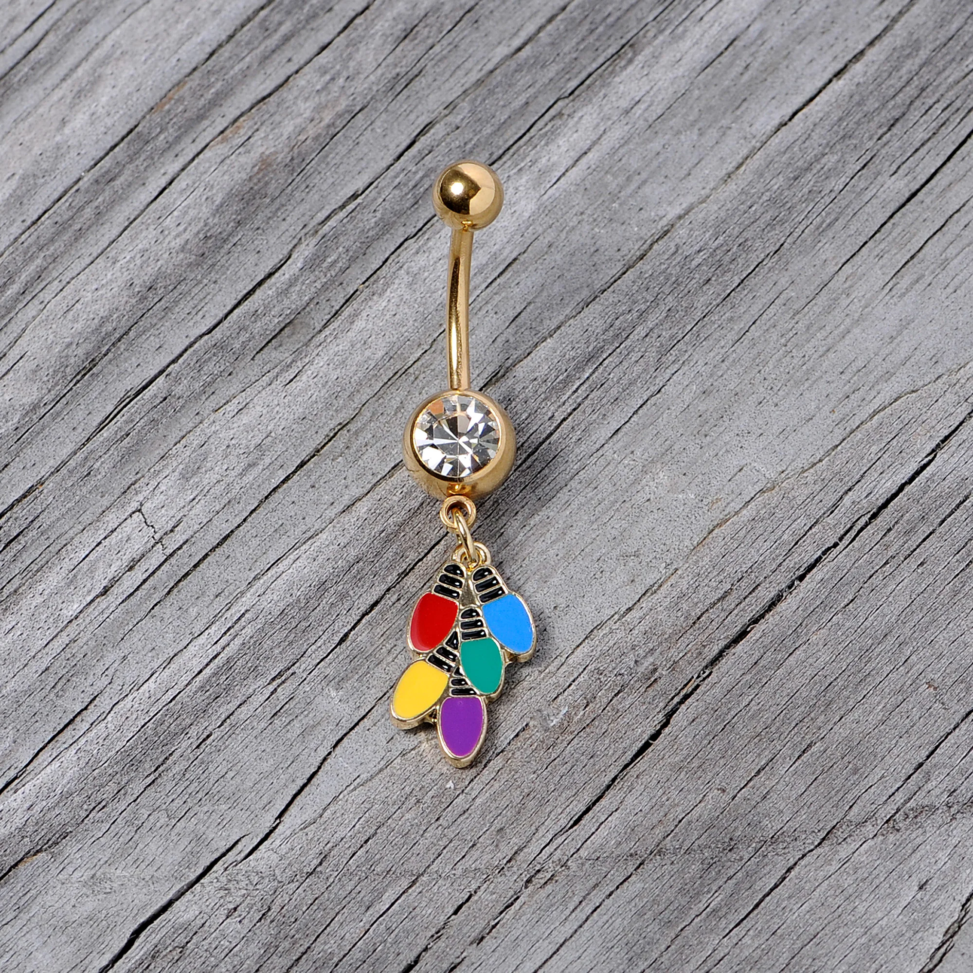 Clear Gem Gold Tone Christmas Lights Holiday Dangle Belly Ring - Image 4