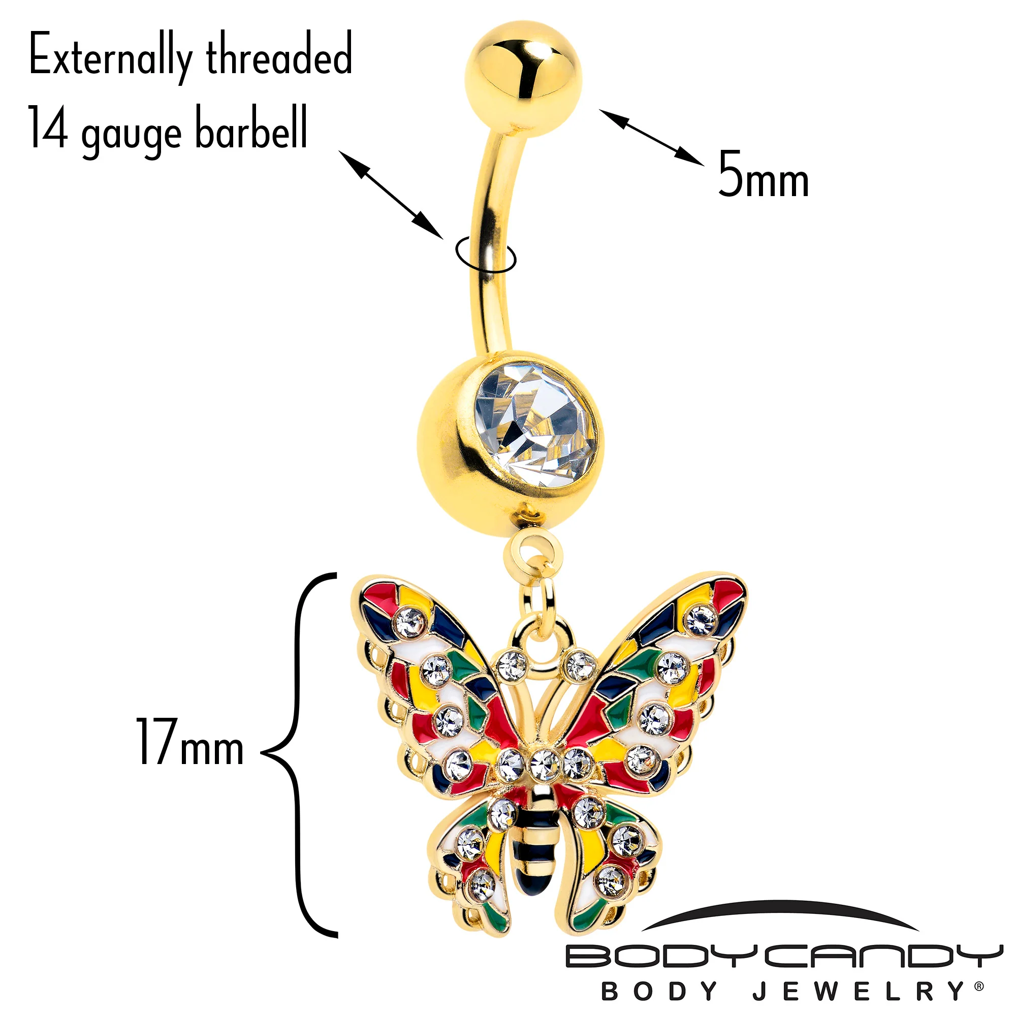 Clear Gem Gold Tone Color Block Butterfly Dangle Belly Ring - Image 2