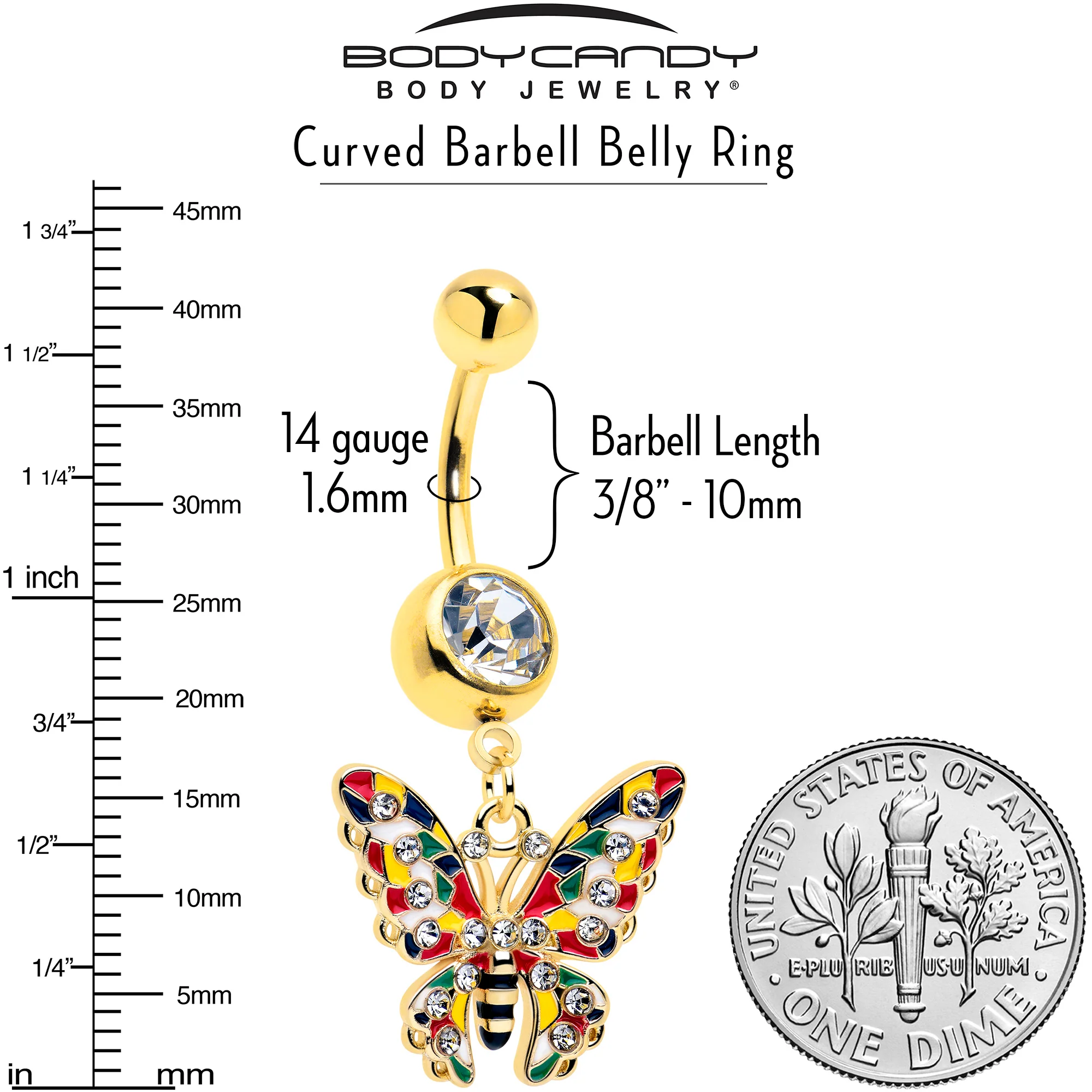 Clear Gem Gold Tone Color Block Butterfly Dangle Belly Ring - Image 3