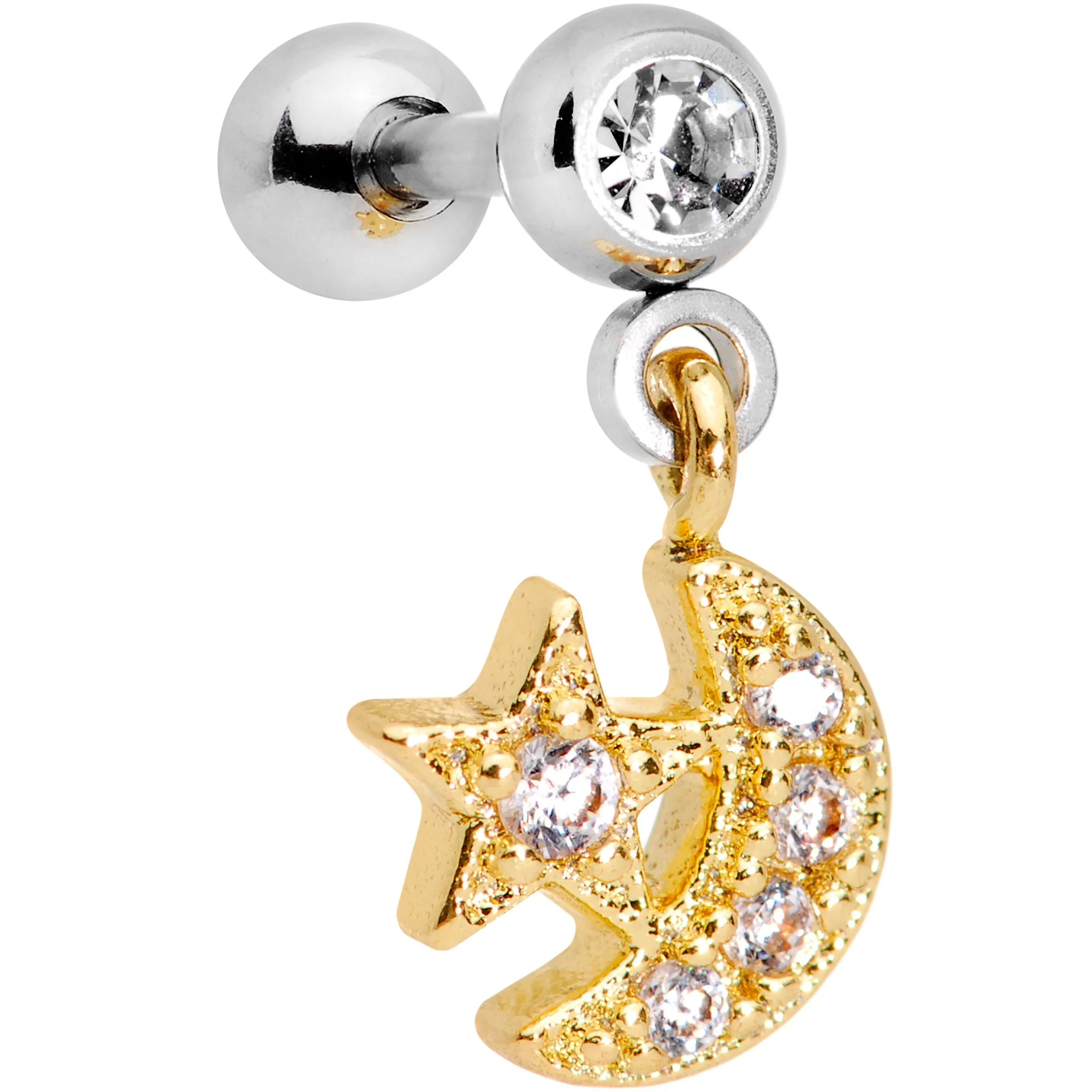 Clear Gem Gold Tone Crescent Moon Dangle Tragus Cartilage Earring - Image 2