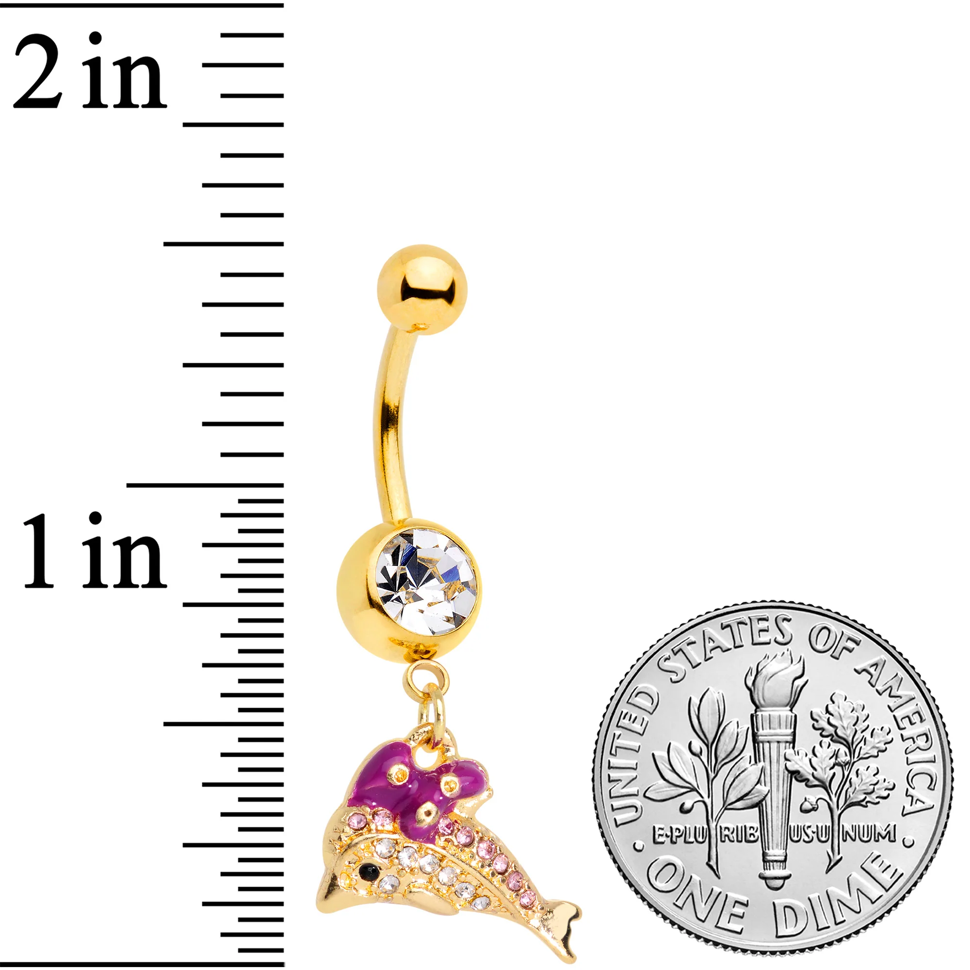 Clear Gem Gold Tone Dainty Dolphin Dangle Belly Ring - Image 2