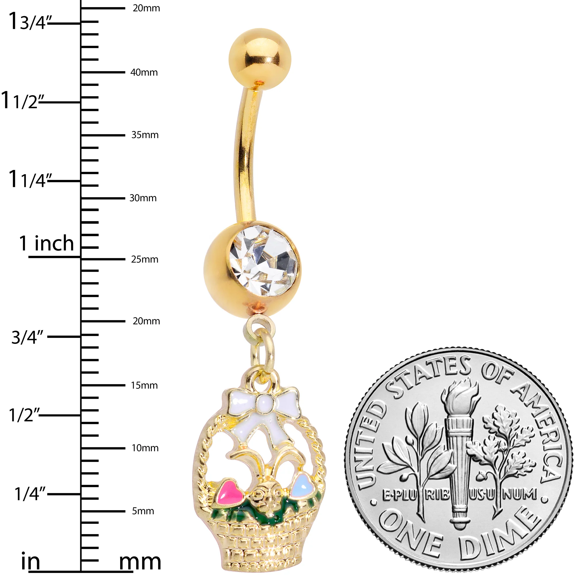 Clear Gem Gold Tone Easter Basket Dangle Belly Ring - Image 2