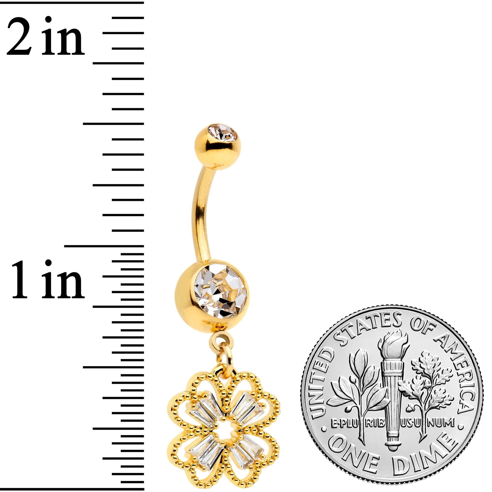 Clear Gem Gold Tone Elegant Textured Shamrock Dangle Belly Ring - Image 2