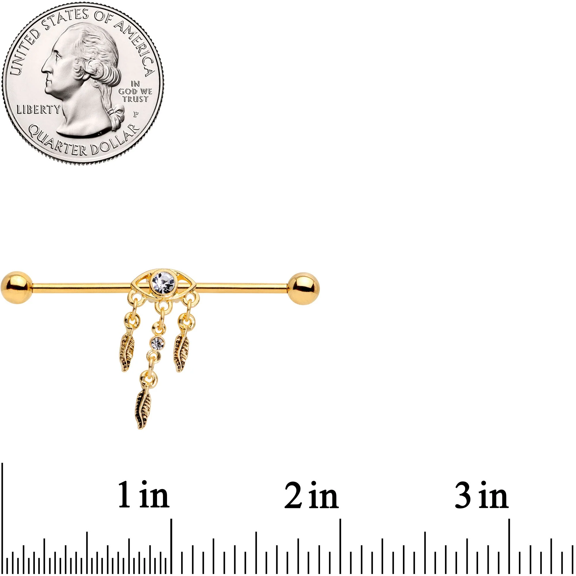 Clear Gem Gold Tone Eye Feather Dangle Industrial Barbell 38mm - Image 2