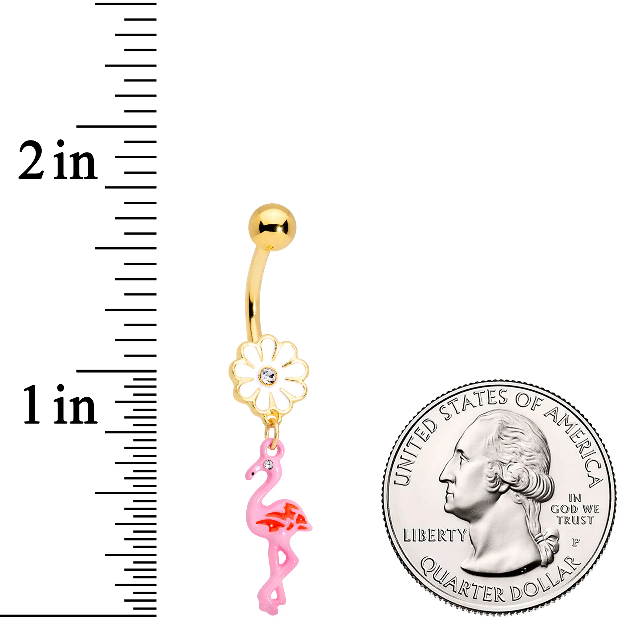 Clear Gem Gold Tone Flower Flamingo Dangle Belly Ring - Image 3