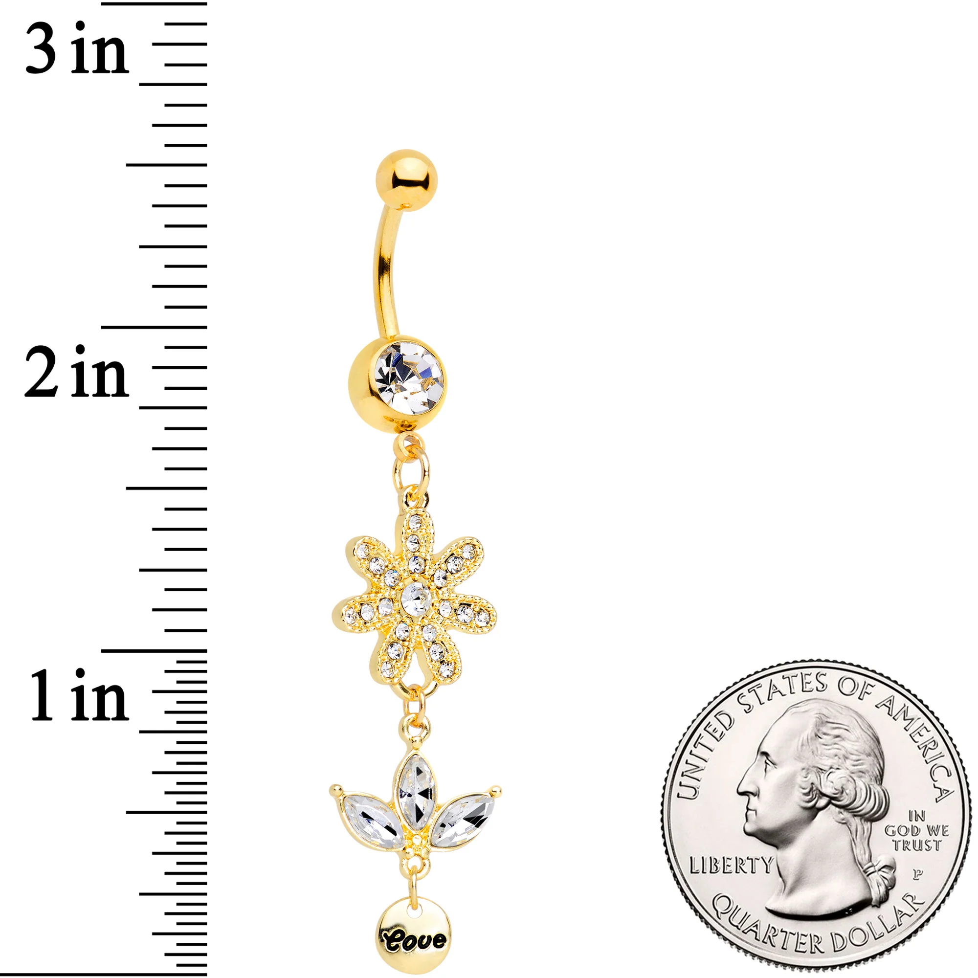 Clear Gem Gold Tone Flower Leaves Love Dangle Belly Ring - Image 2