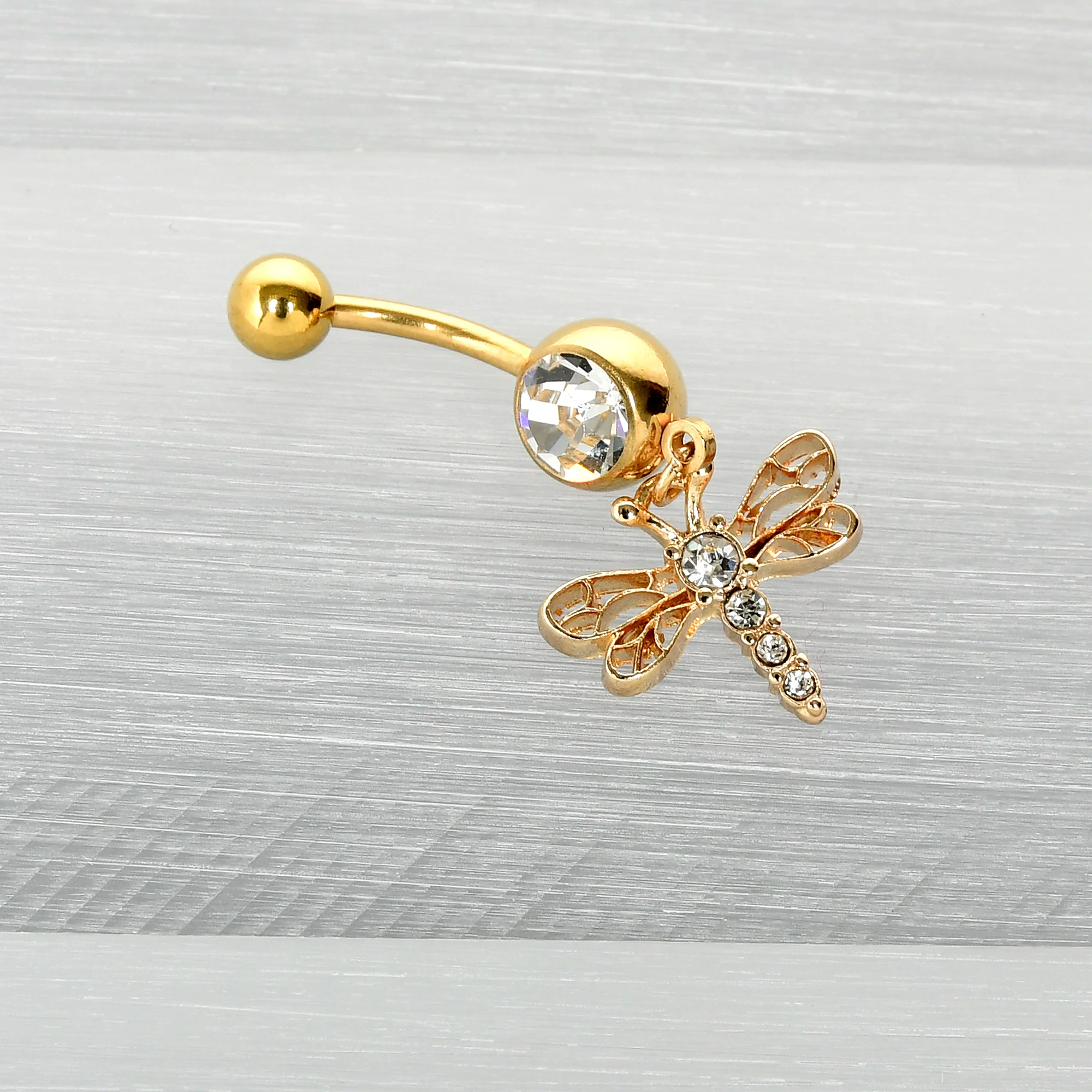 Clear Gem Gold Tone Flying Dragonfly Dangle Belly Ring - Image 5