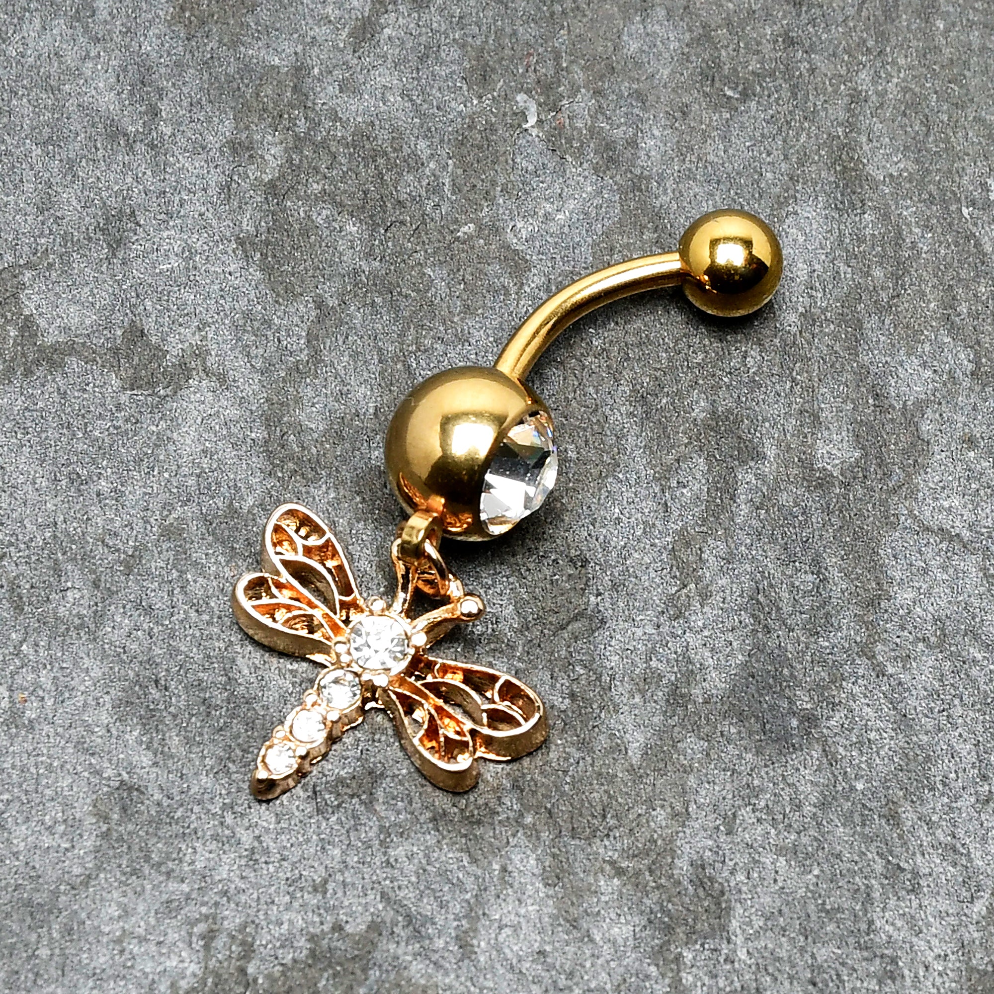 Clear Gem Gold Tone Flying Dragonfly Dangle Belly Ring - Image 6