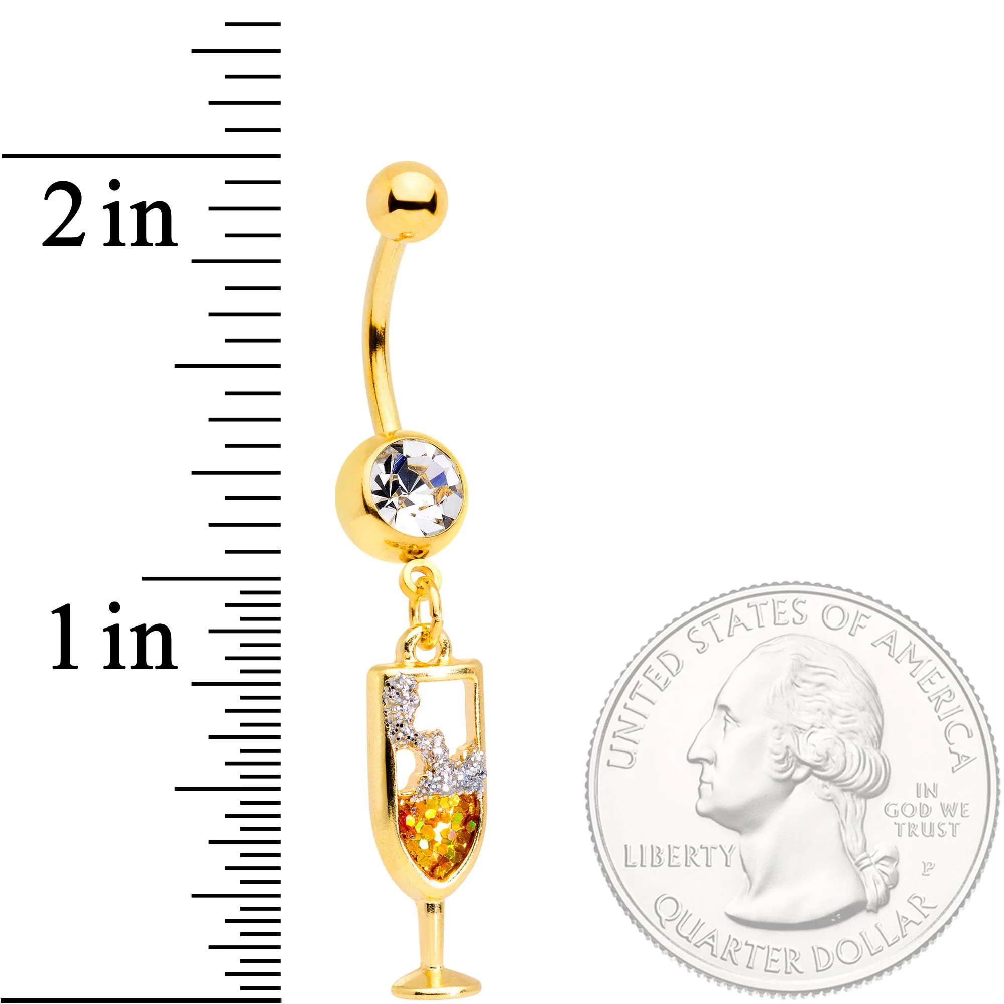 Clear Gem Gold Tone Glass of Champagne Dangle Belly Ring - Image 2
