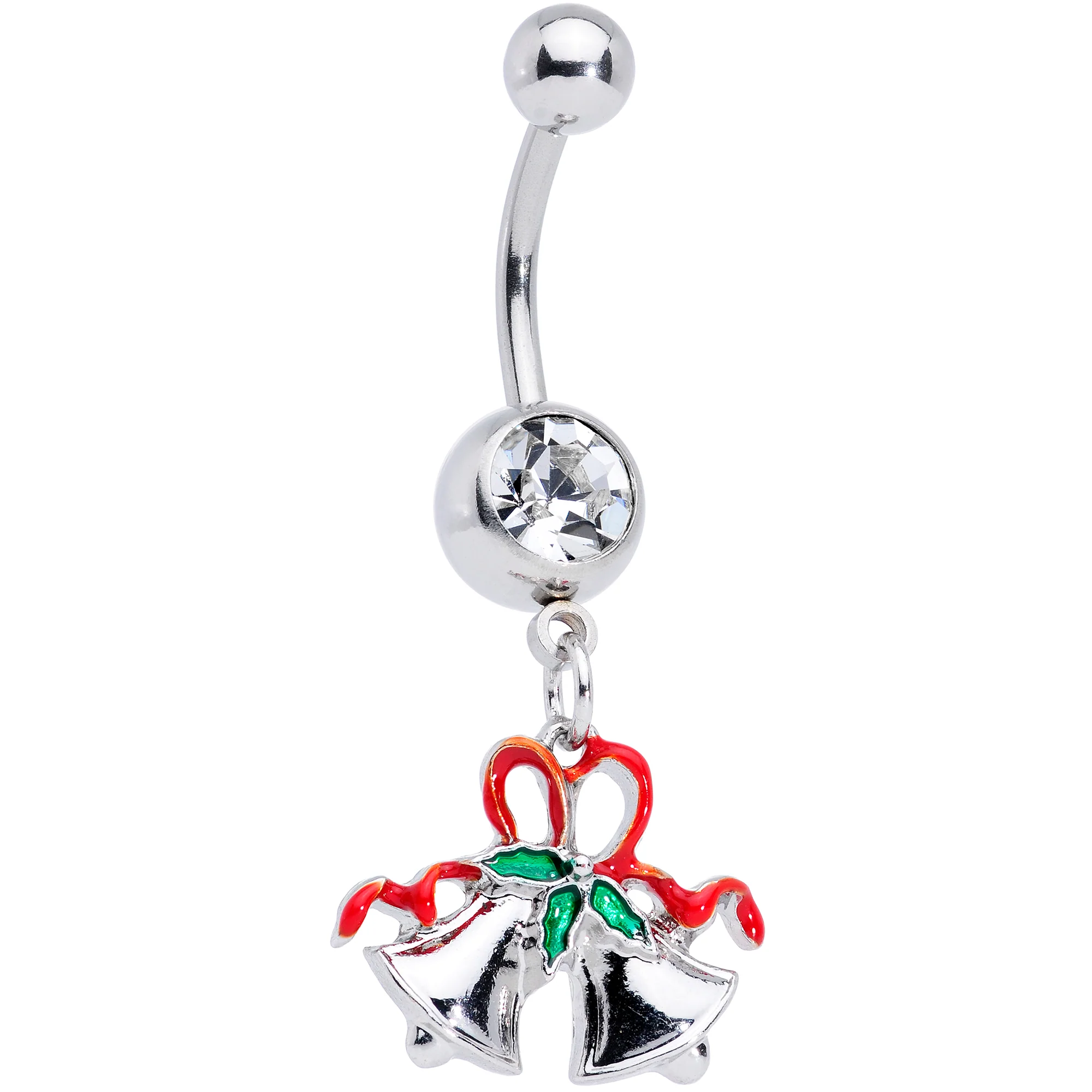 Clear Gem Gold Tone Green Bow Christmas Dangle Belly Ring Set of 3 - Image 2