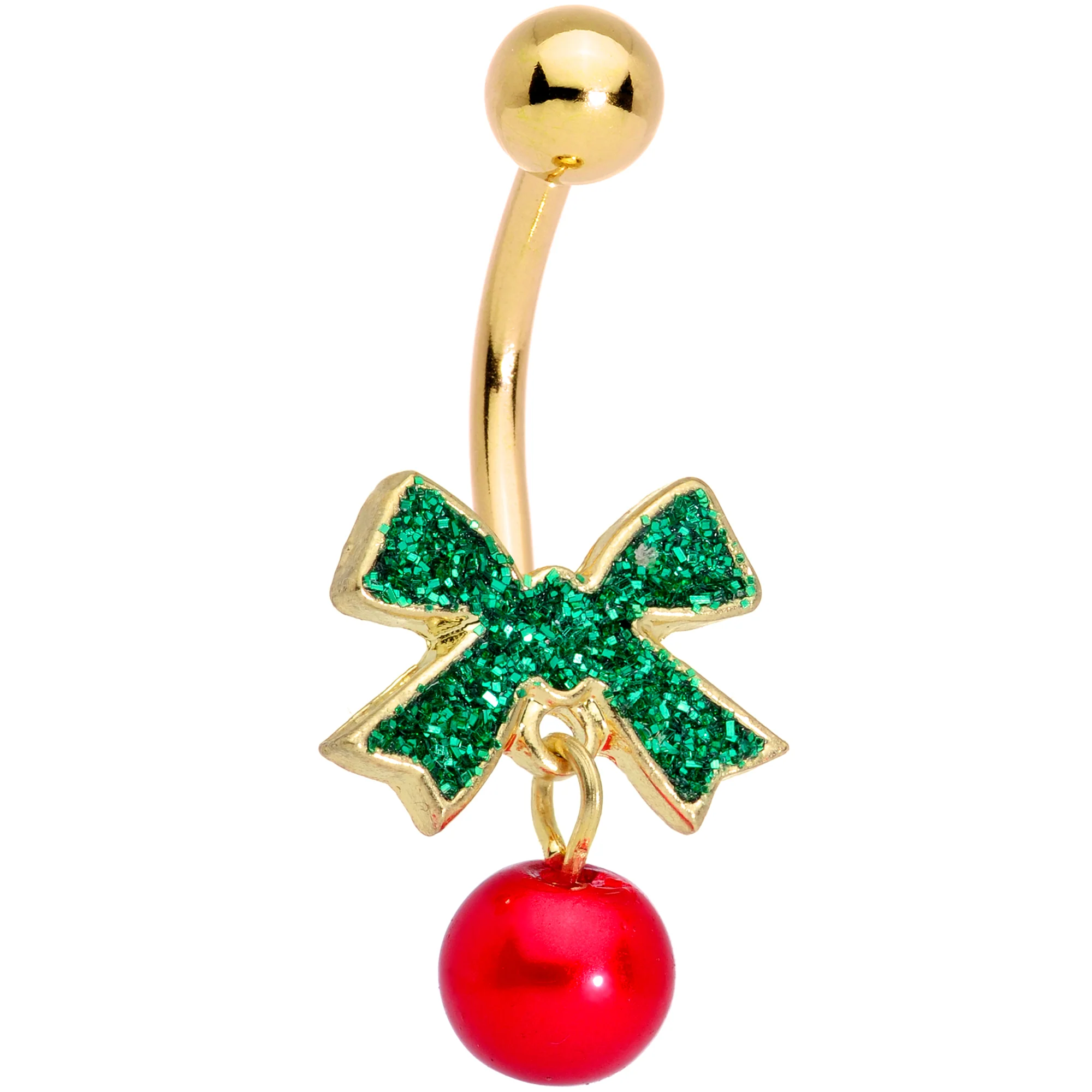 Clear Gem Gold Tone Green Bow Christmas Dangle Belly Ring Set of 3 - Image 3