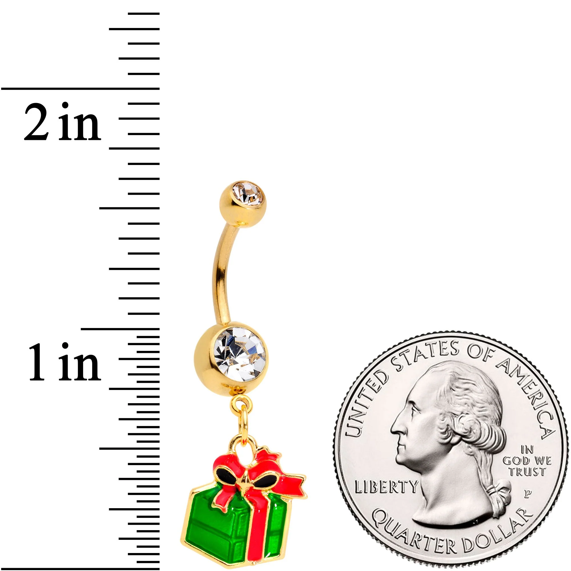 Clear Gem Gold Tone Green Red Happy Holiday Gift Dangle Belly Ring - Image 2