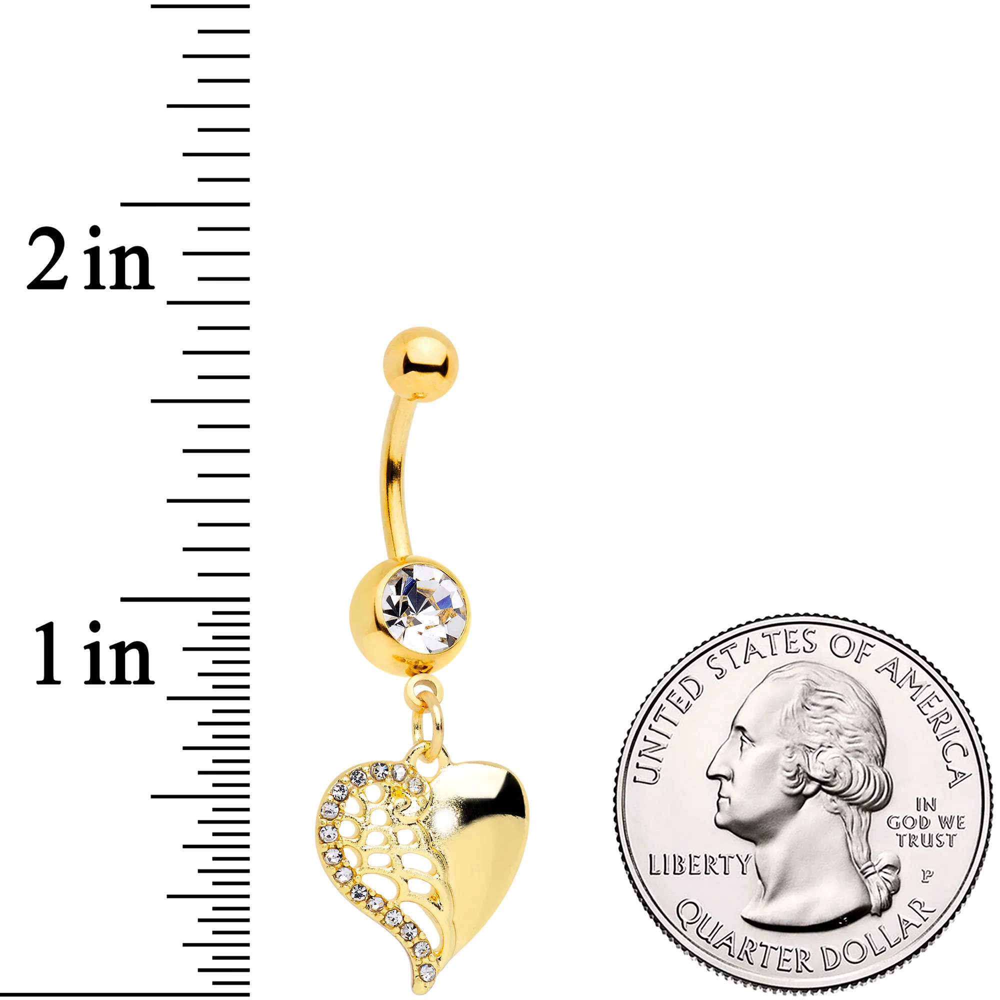 Clear Gem Gold Tone Half Open Heart Dangle Belly Ring - Image 2