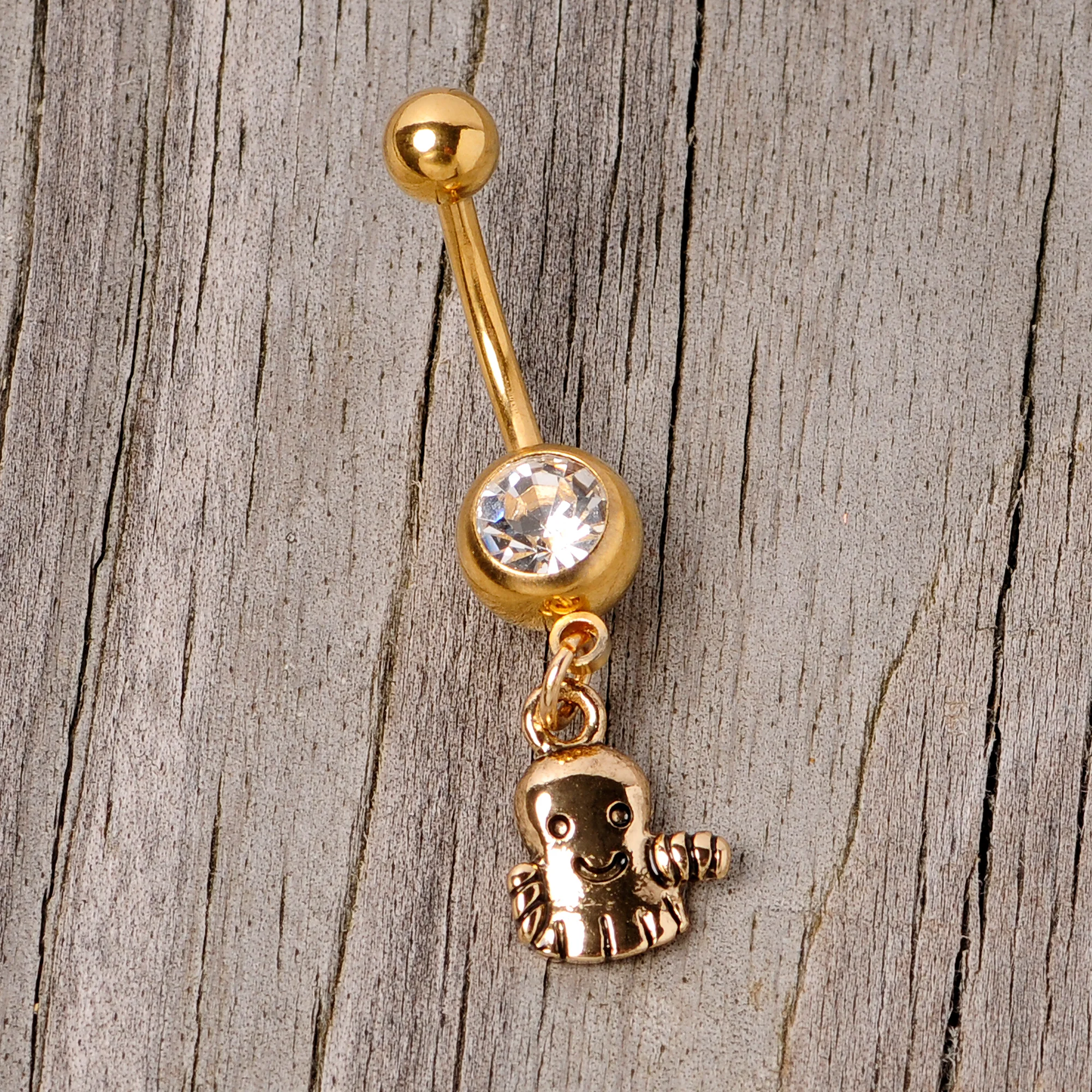Clear Gem Gold Tone Happy Ghost Halloween Dangle Belly Ring - Image 3