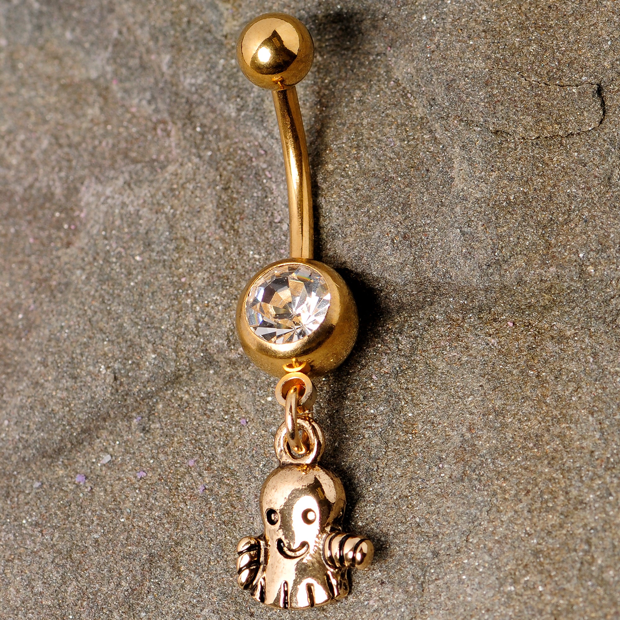 Clear Gem Gold Tone Happy Ghost Halloween Dangle Belly Ring - Image 4