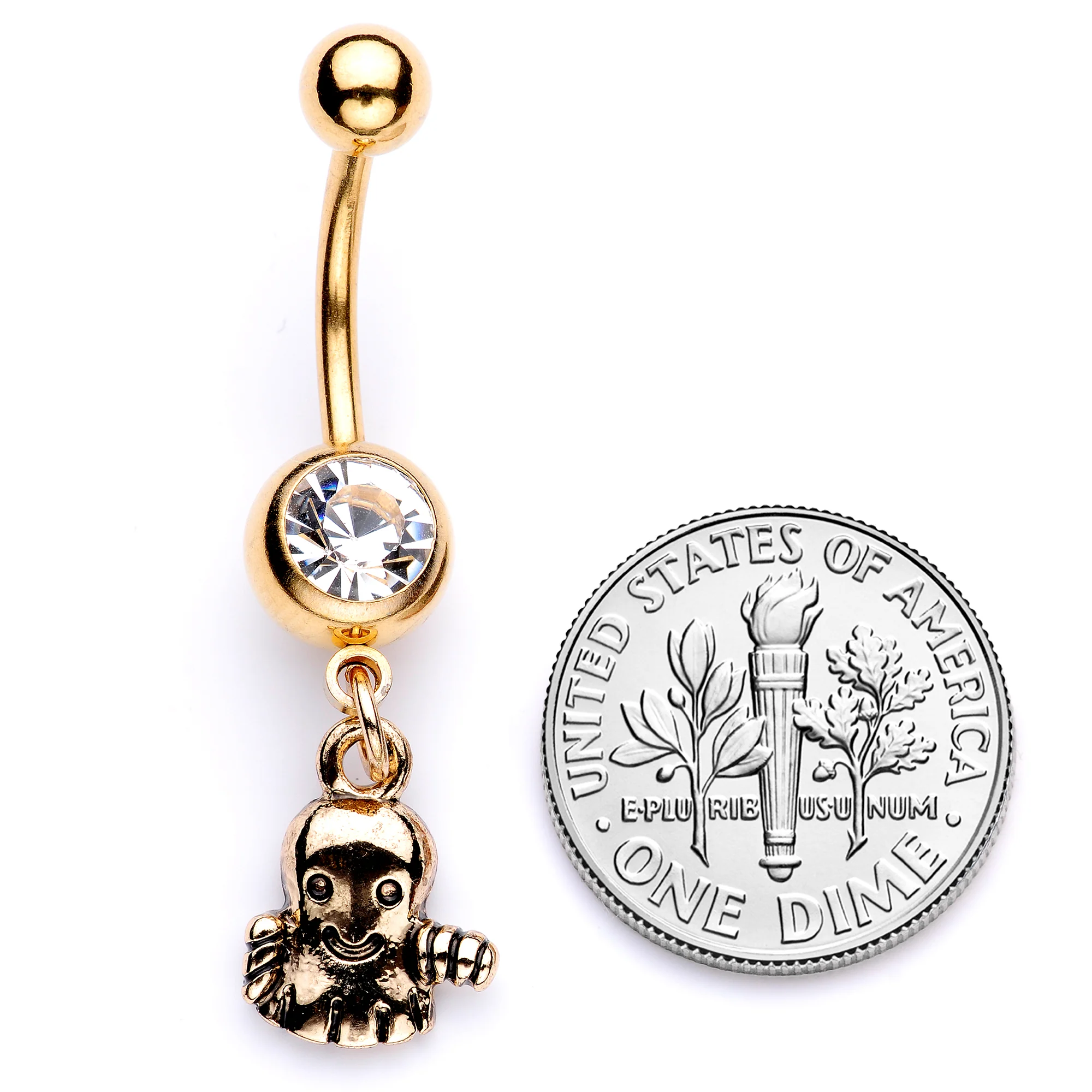 Clear Gem Gold Tone Happy Ghost Halloween Dangle Belly Ring - Image 6
