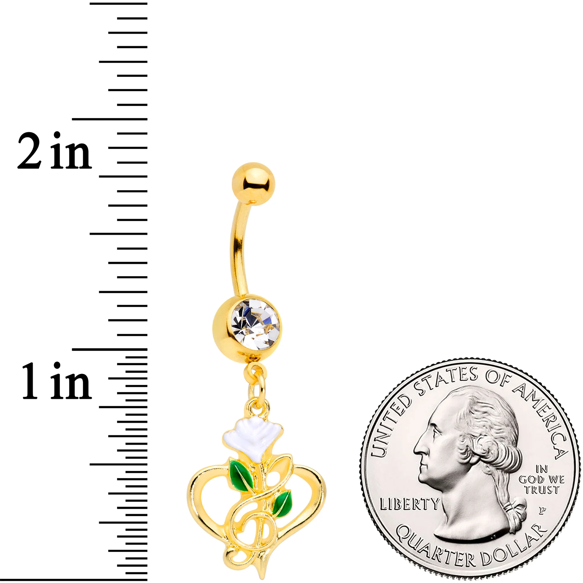 Clear Gem Gold Tone Heart Music Valentines Day Dangle Belly Ring - Image 2