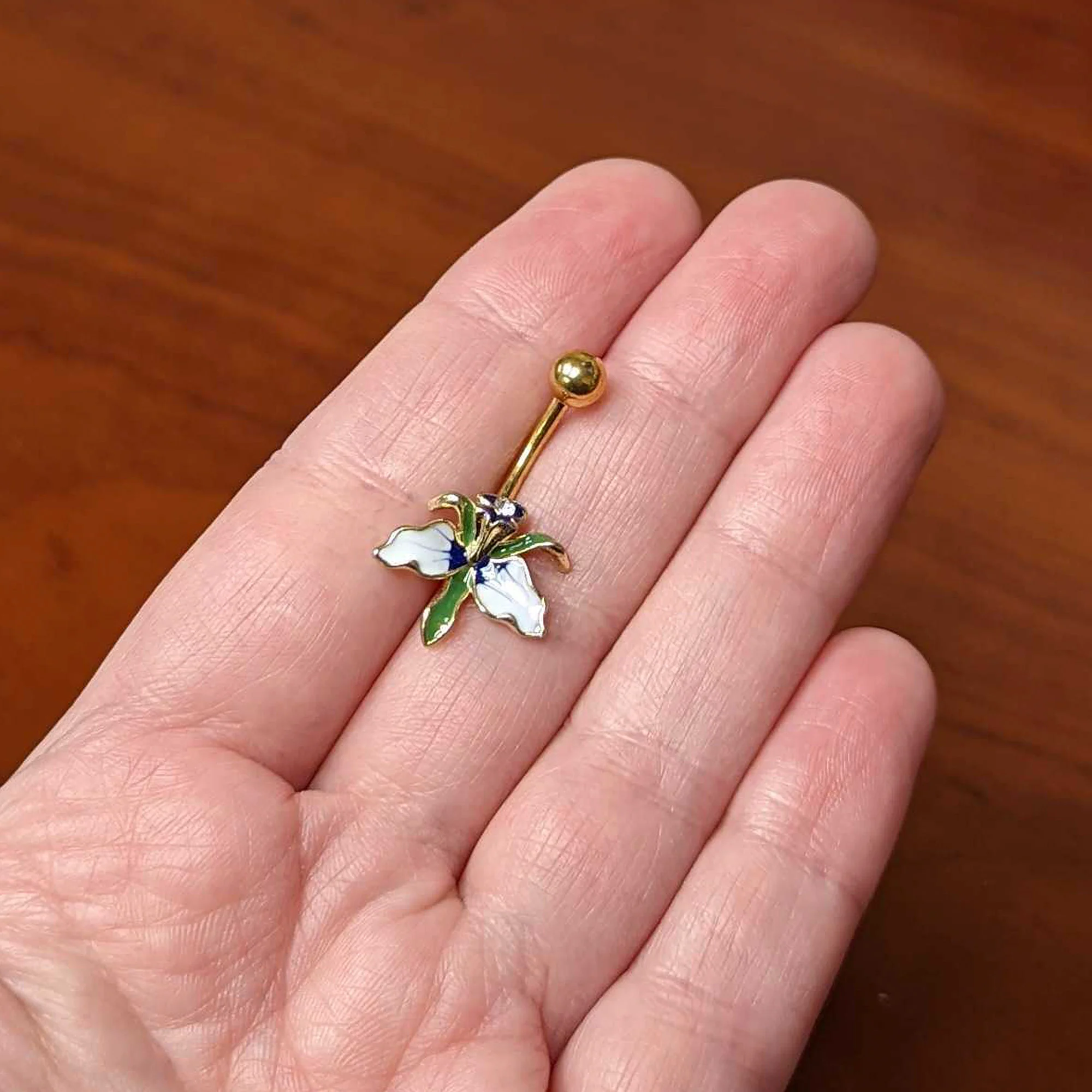 Clear Gem Gold Tone Iris Flower Belly Ring - Image 3