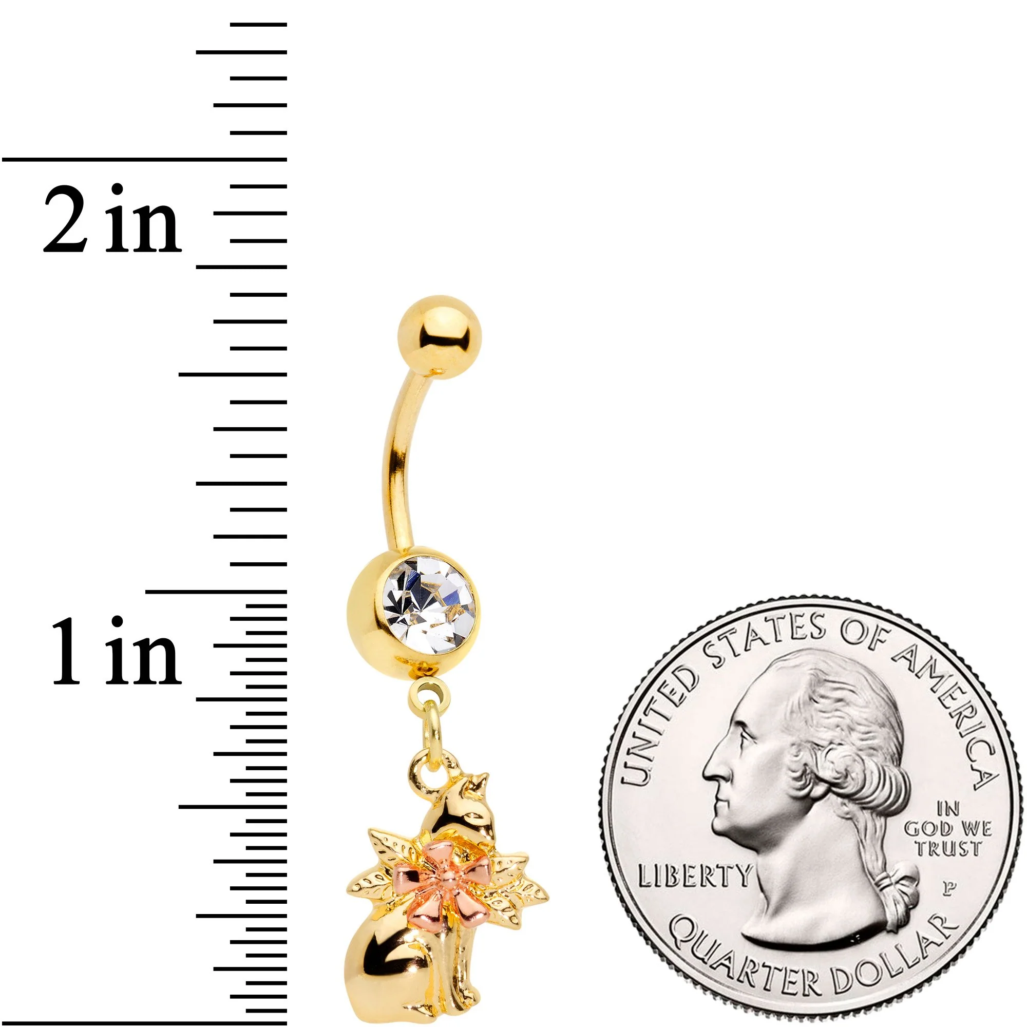 Clear Gem Gold Tone Kitty Cat With A Corsage Dangle Belly Ring - Image 2