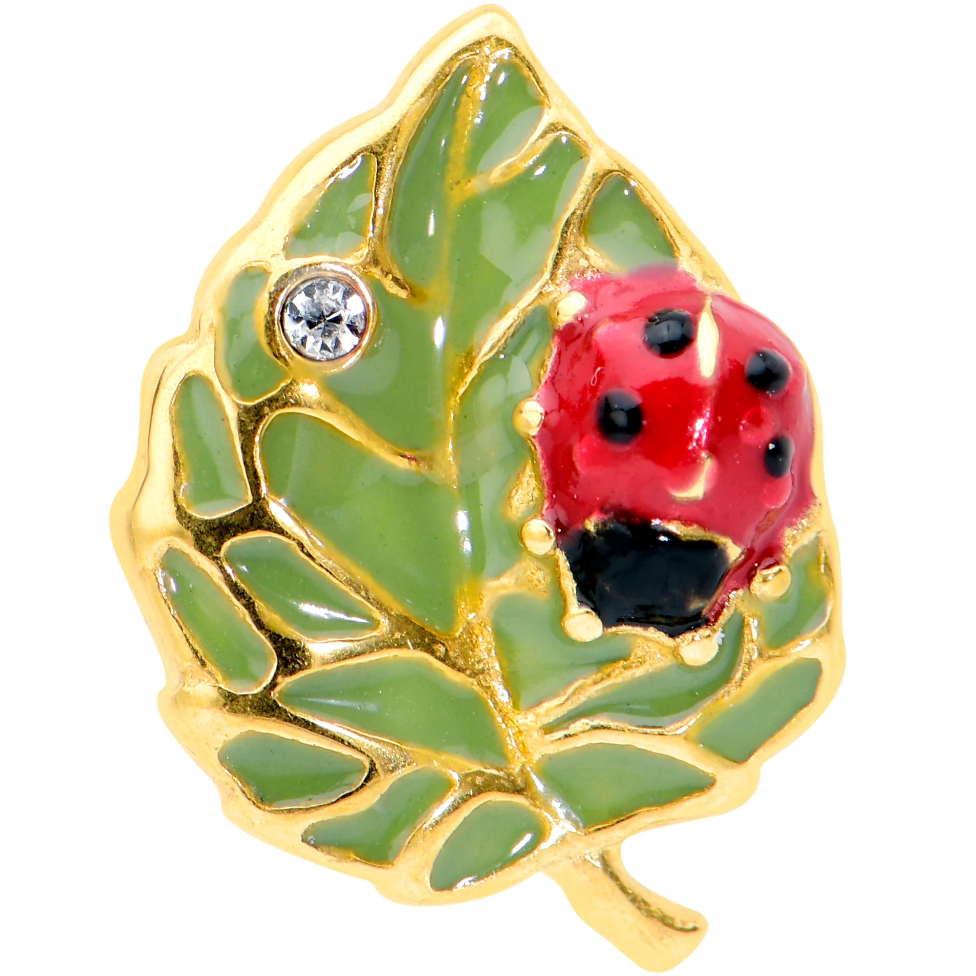 Clear Gem Gold Tone Leafy Ladybug Barbell Tongue Ring - Image 2
