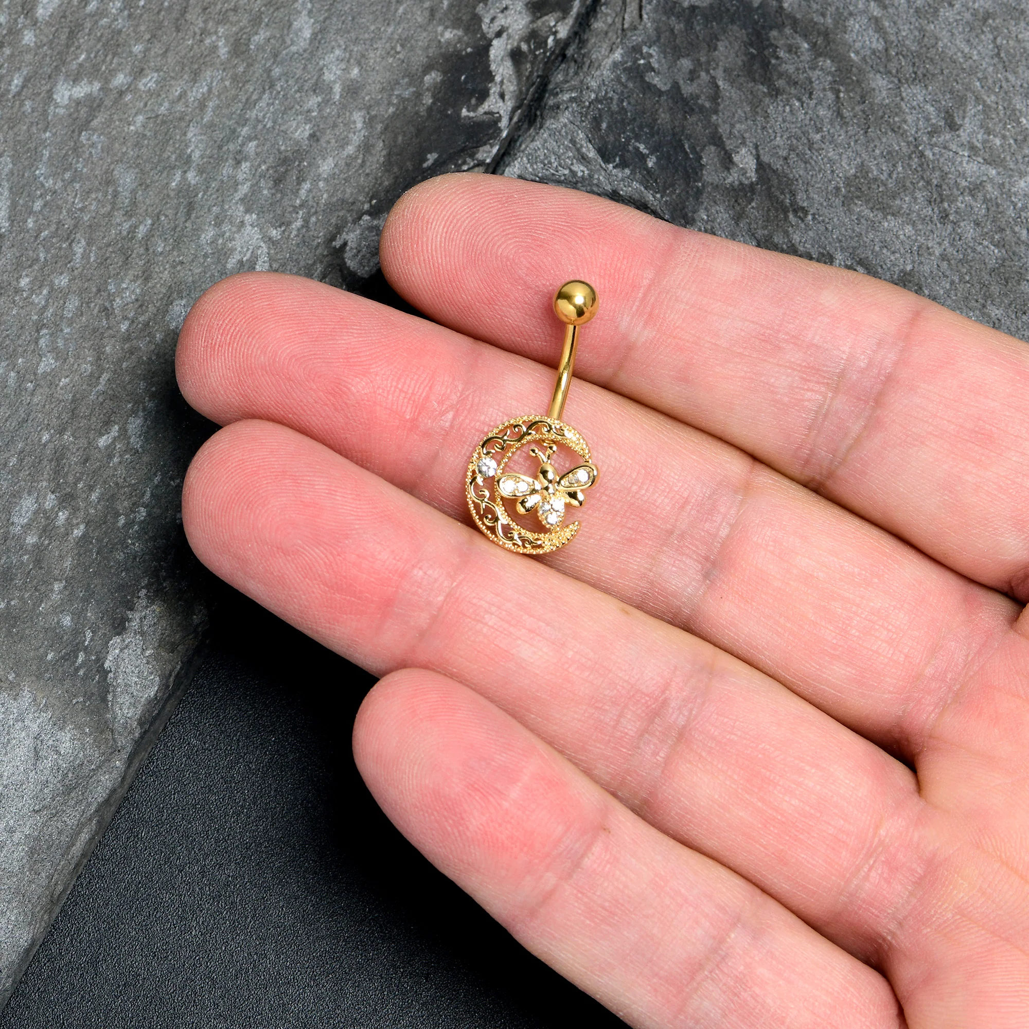 Clear Gem Gold Tone Lunar Dragonfly Belly Ring - Image 2