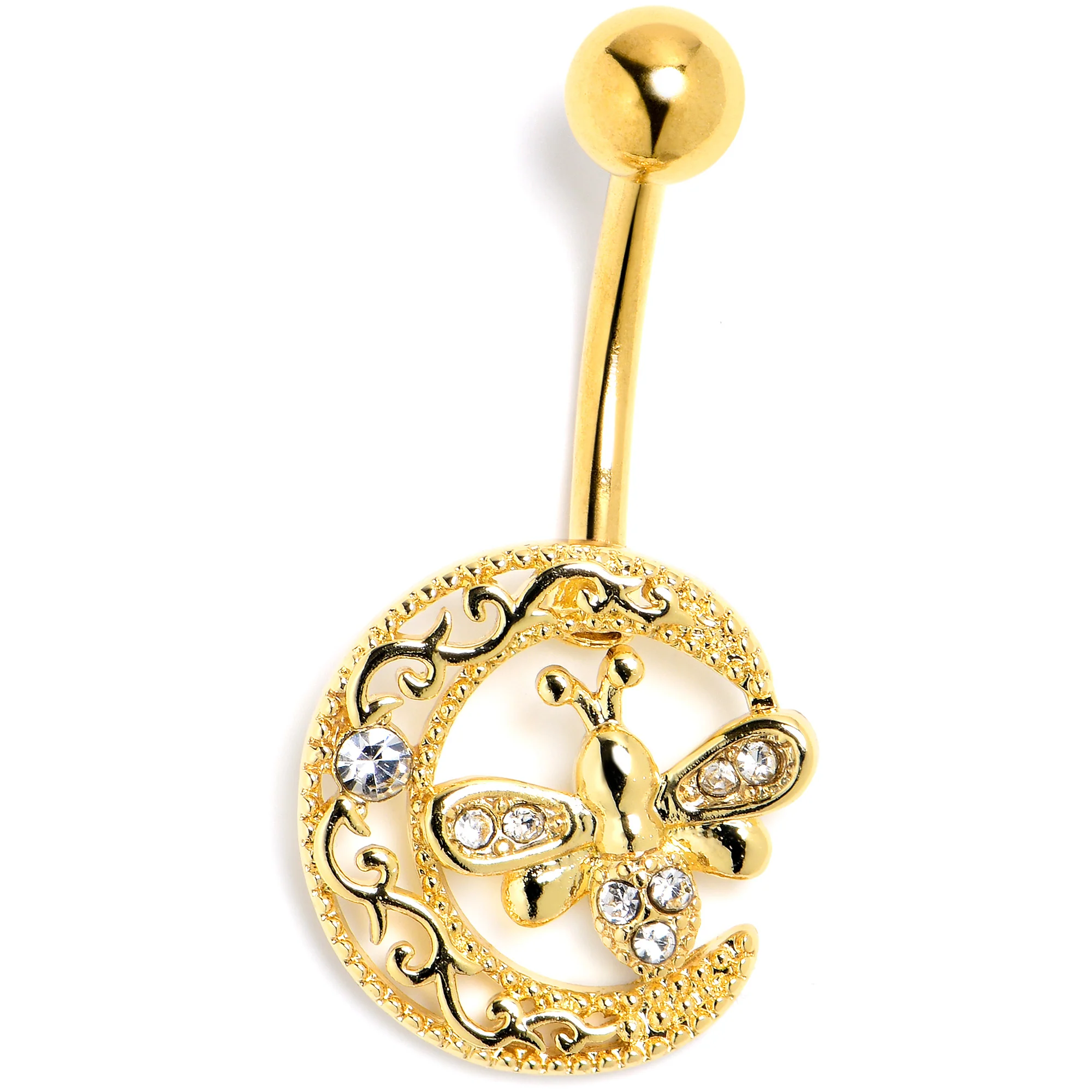 Clear Gem Gold Tone Lunar Dragonfly Belly Ring - Image 3