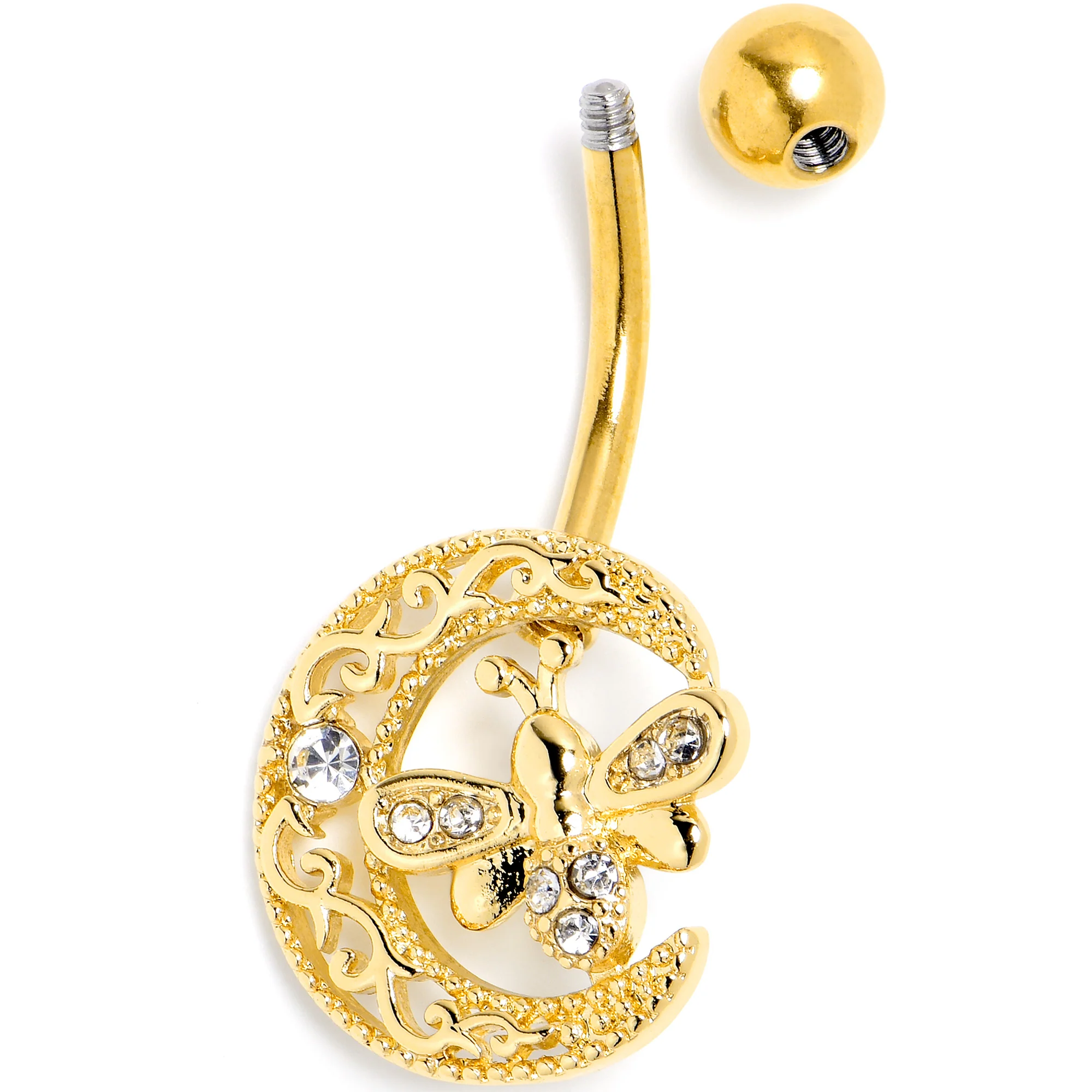 Clear Gem Gold Tone Lunar Dragonfly Belly Ring - Image 4