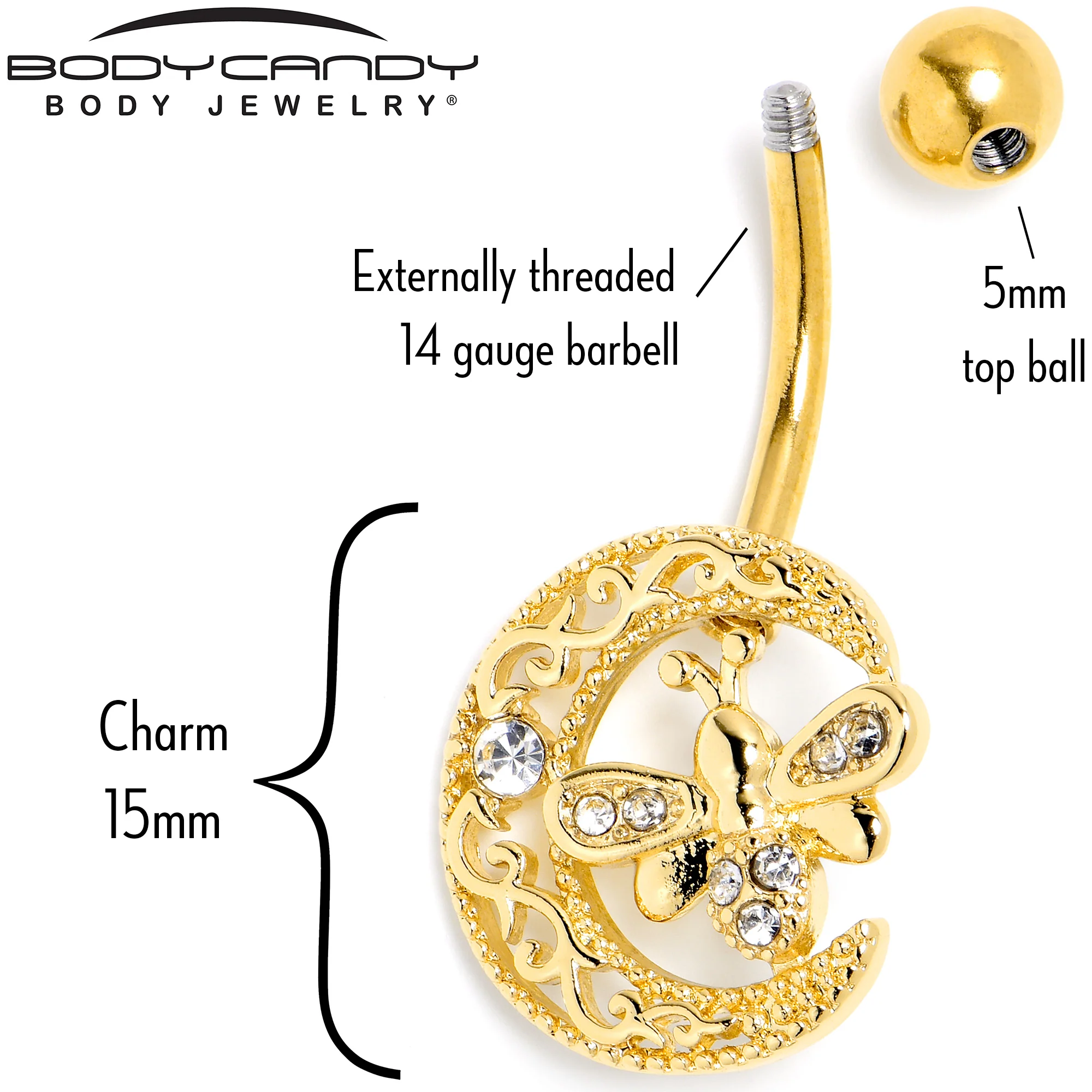 Clear Gem Gold Tone Lunar Dragonfly Belly Ring - Image 5