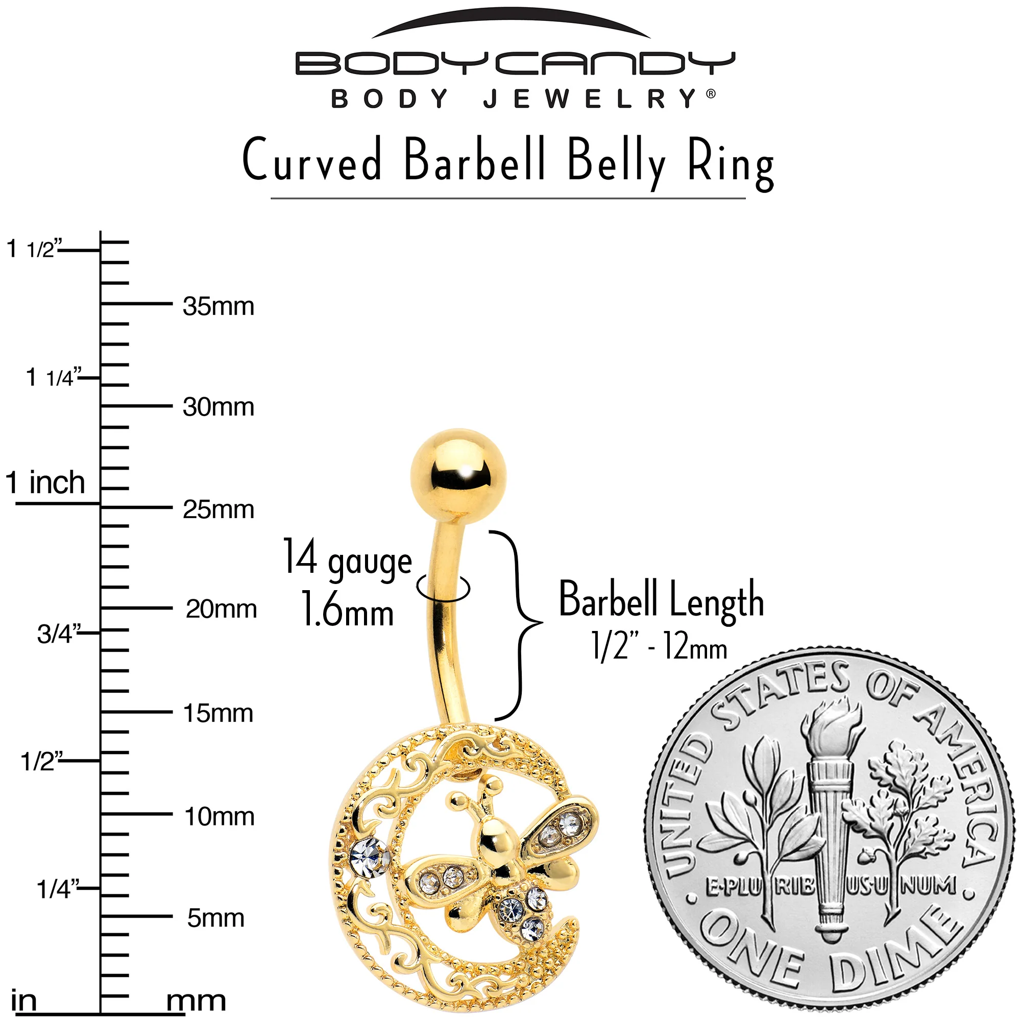 Clear Gem Gold Tone Lunar Dragonfly Belly Ring - Image 6