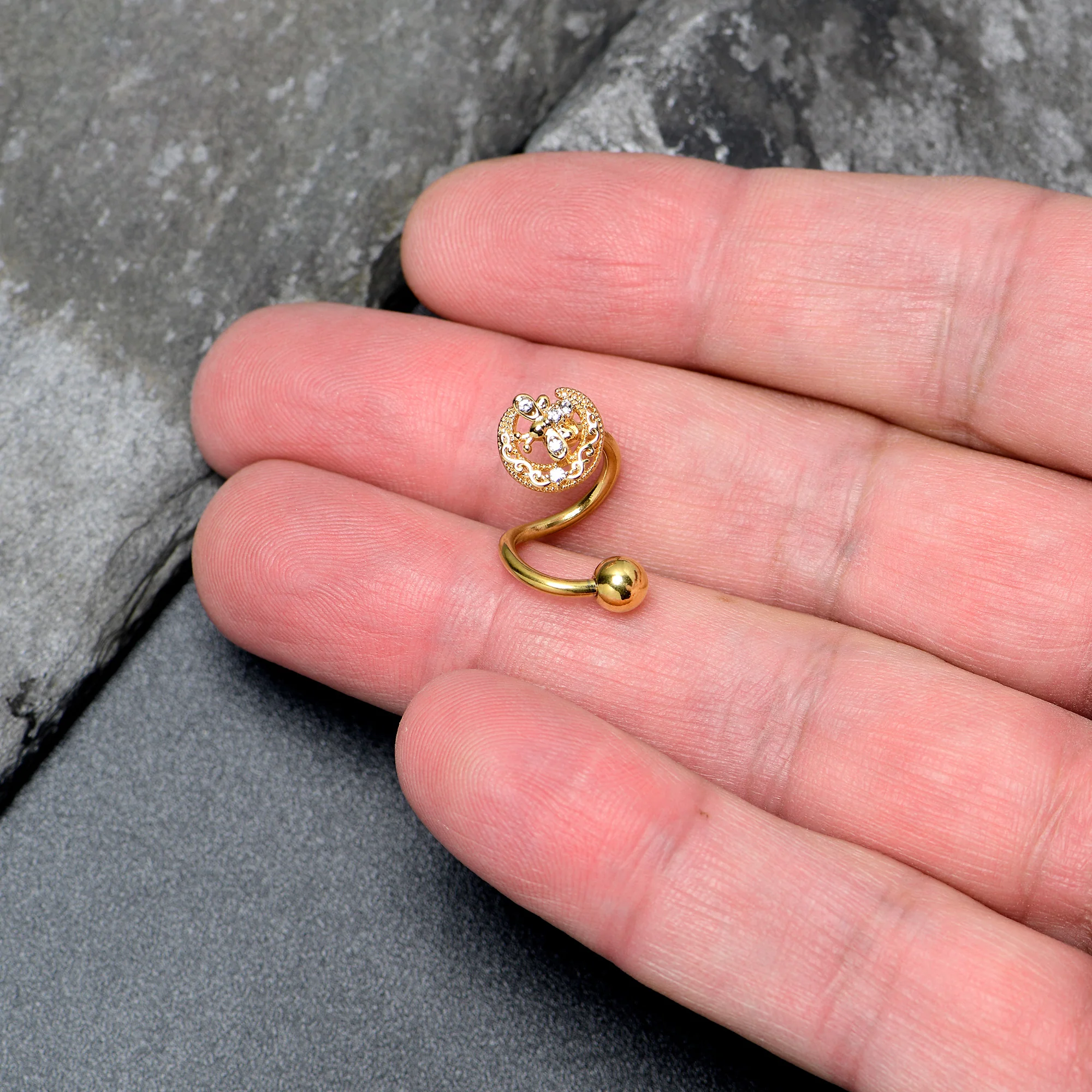 Clear Gem Gold Tone Lunar Dragonfly Spiral Twister Belly Ring - Image 3