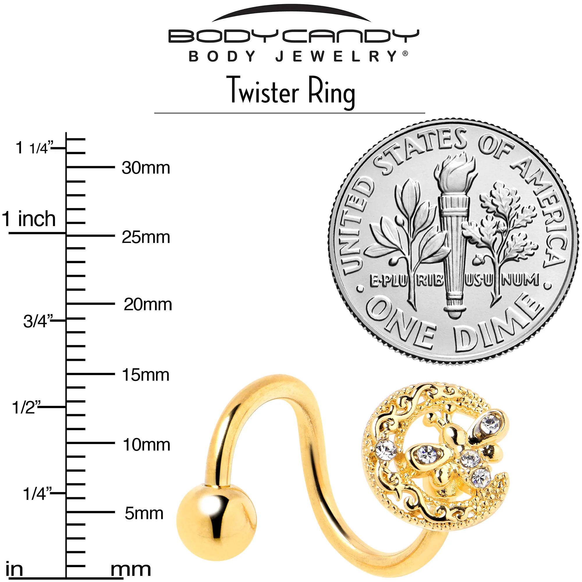 Clear Gem Gold Tone Lunar Dragonfly Spiral Twister Belly Ring - Image 5