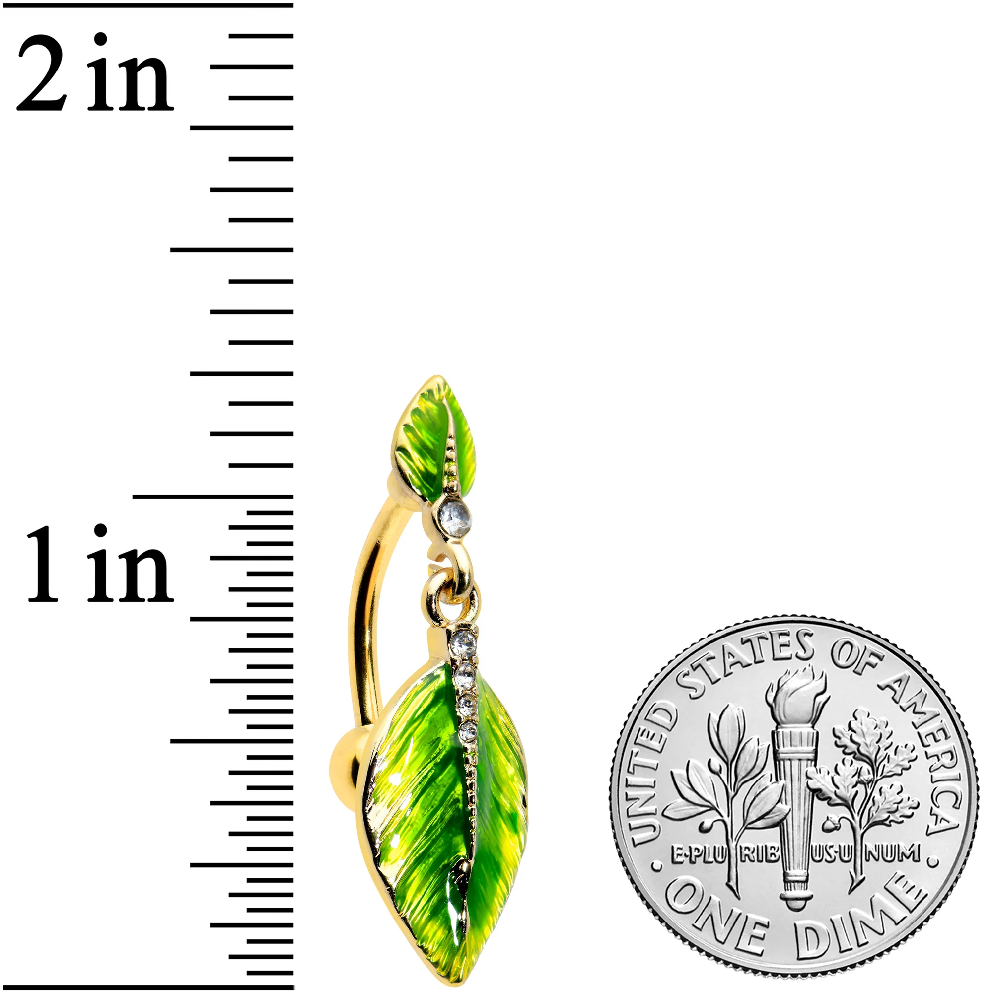 Clear Gem Gold Tone Lush Green Leaves Top Mount Belly Ring - Image 2