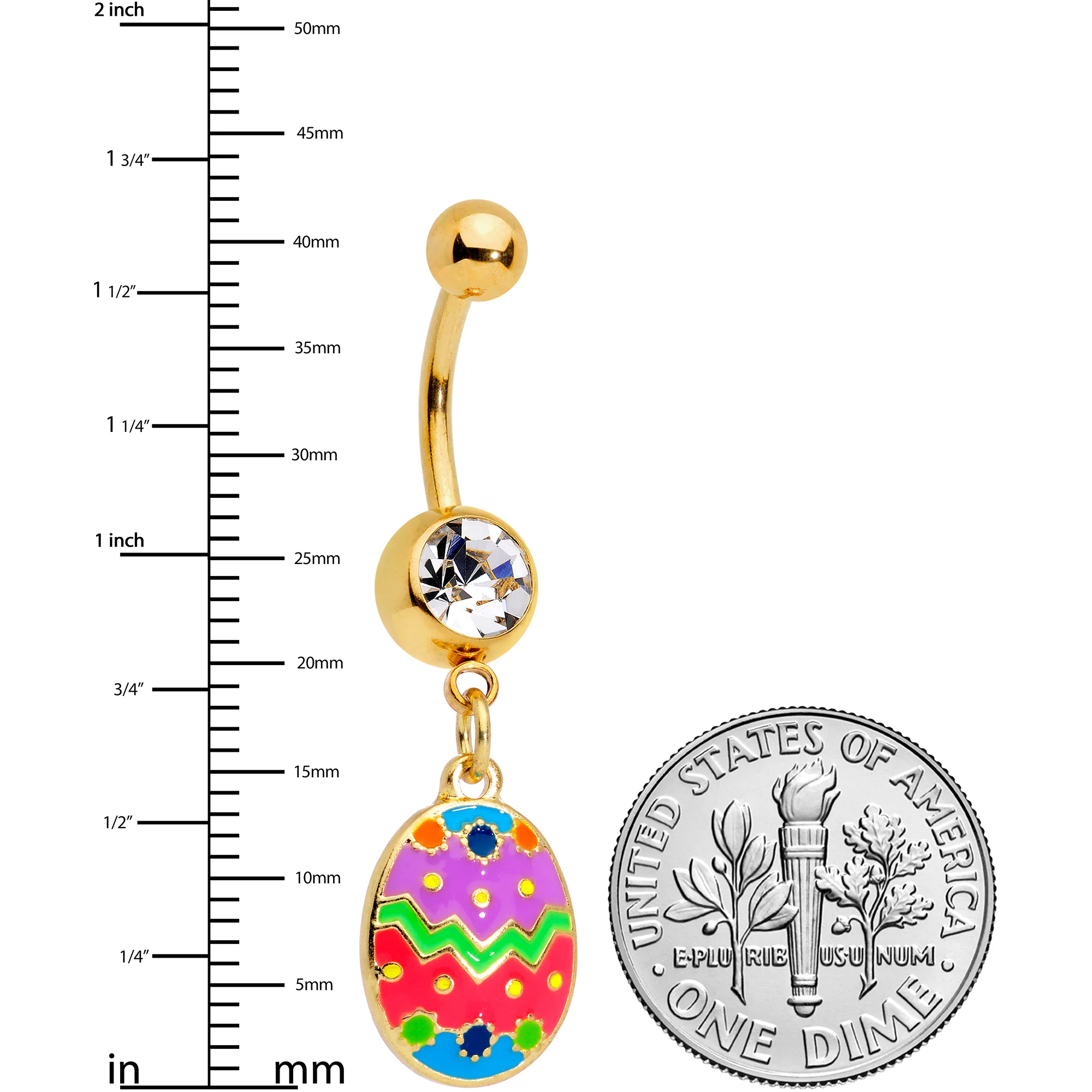 Clear Gem Gold Tone Multicolor Funky Easter Egg Dangle Belly Ring - Image 2